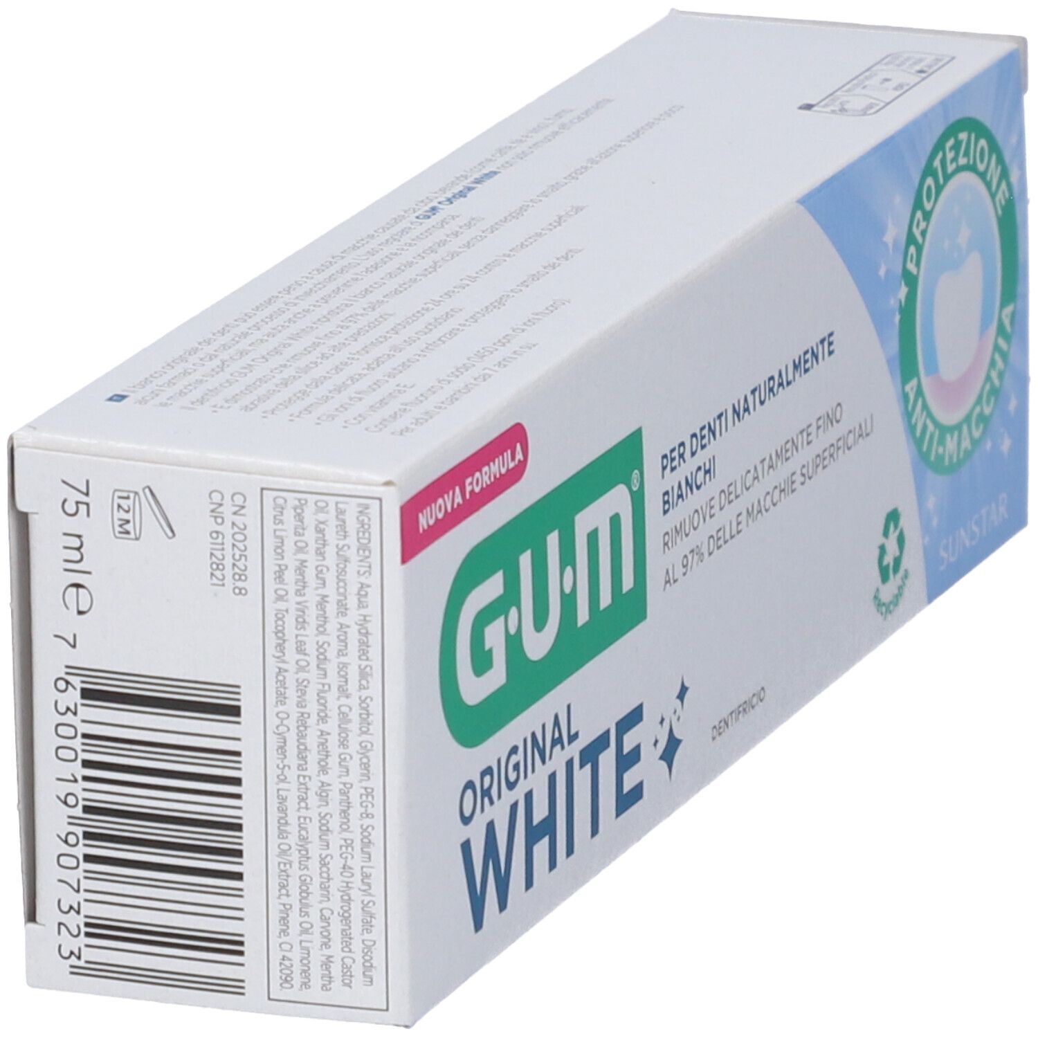 Confezione dentifricio inclinata. G-U-M Original White. Scatola bianca con testo e codice a barre. 75 ml.
