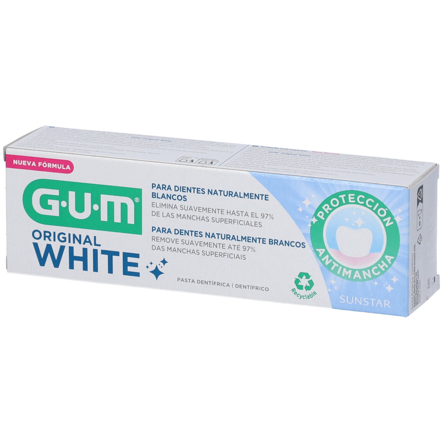Confezione dentifricio G-U-M Original White. Scatola bianca e blu. Testo in spagnolo.