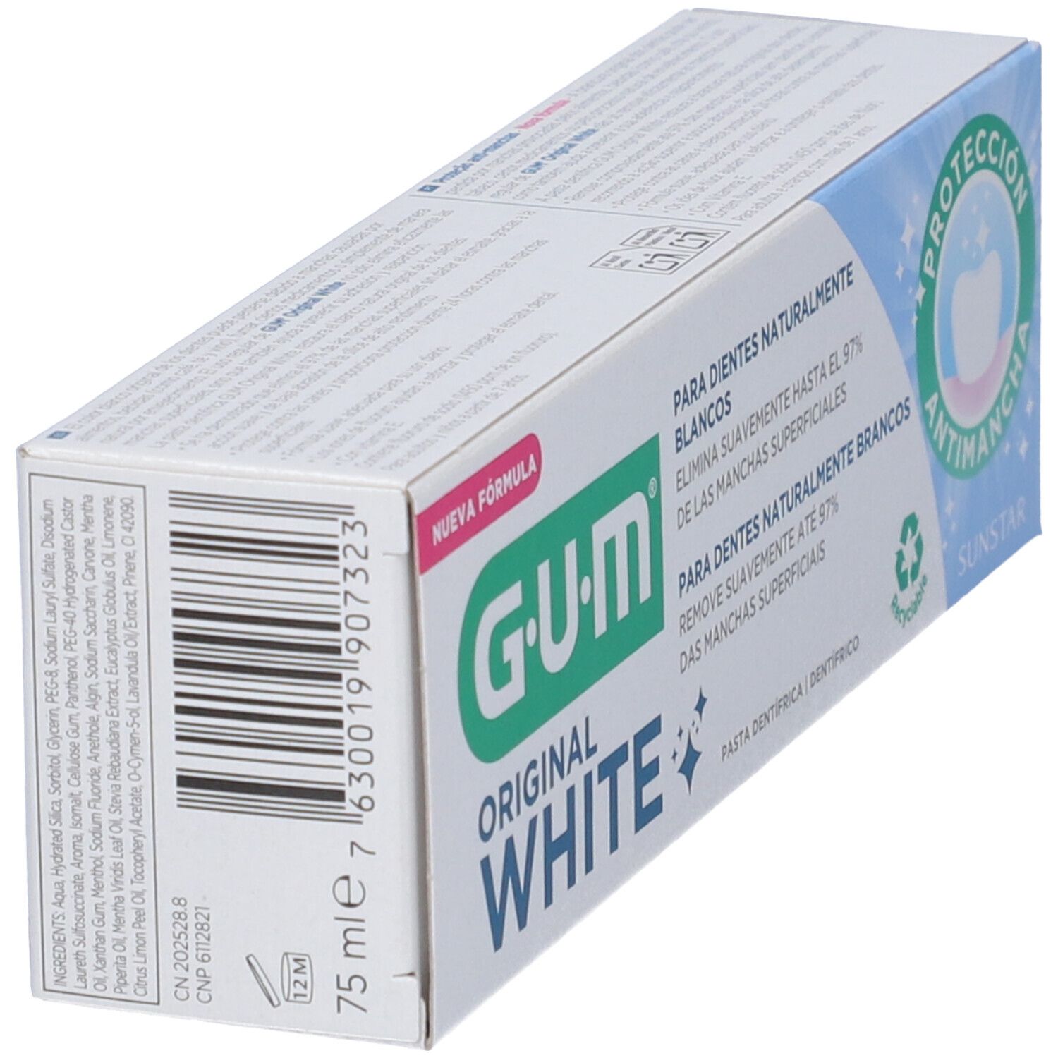 Confezione dentifricio inclinata. G-U-M Original White. Scatola bianca con testo e codice a barre. 75 ml.