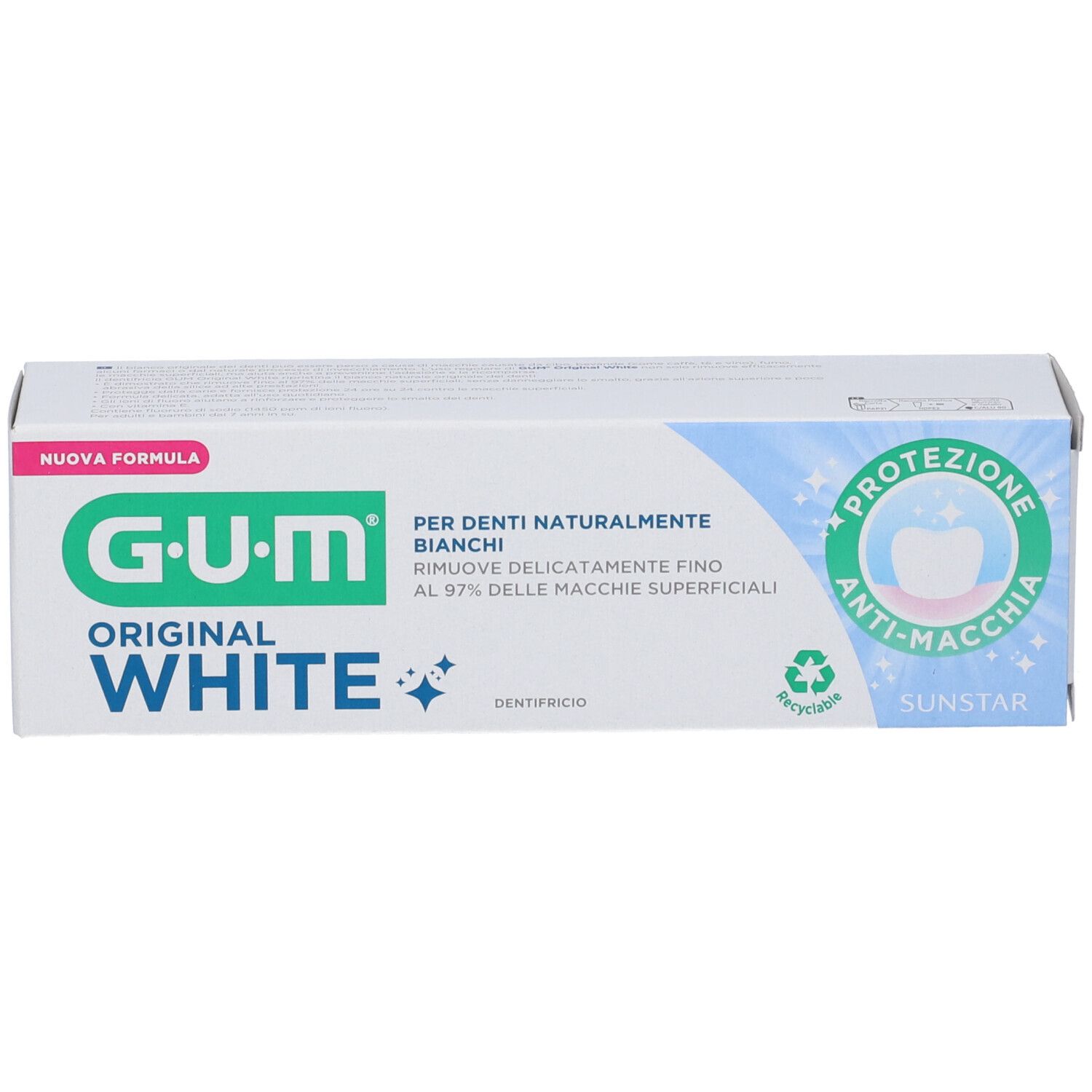 Confezione dentifricio G-U-M Original White. Scatola bianca e blu. Testo: Protezione anti-macchia.