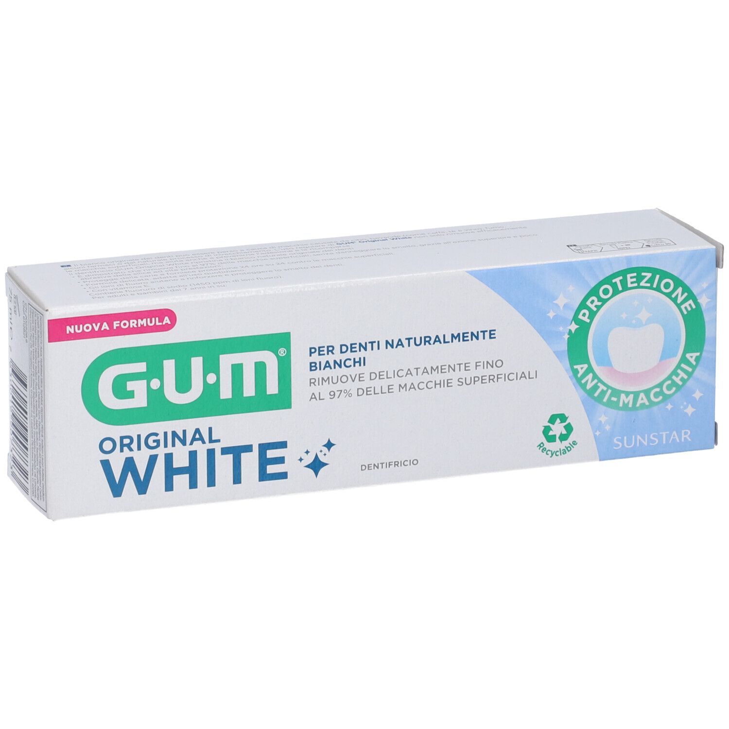 Confezione dentifricio G-U-M Original White. Scatola bianca e blu. Testo: Protezione anti-macchia.