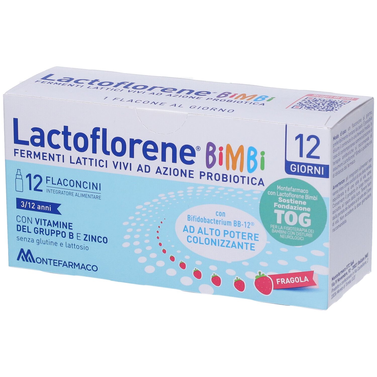 Scatola con scritta: Lactoflorene Bimbi, Fermenti Lattici. 12 flaconcini. Con vitamine e zinco. Gusto fragola.
