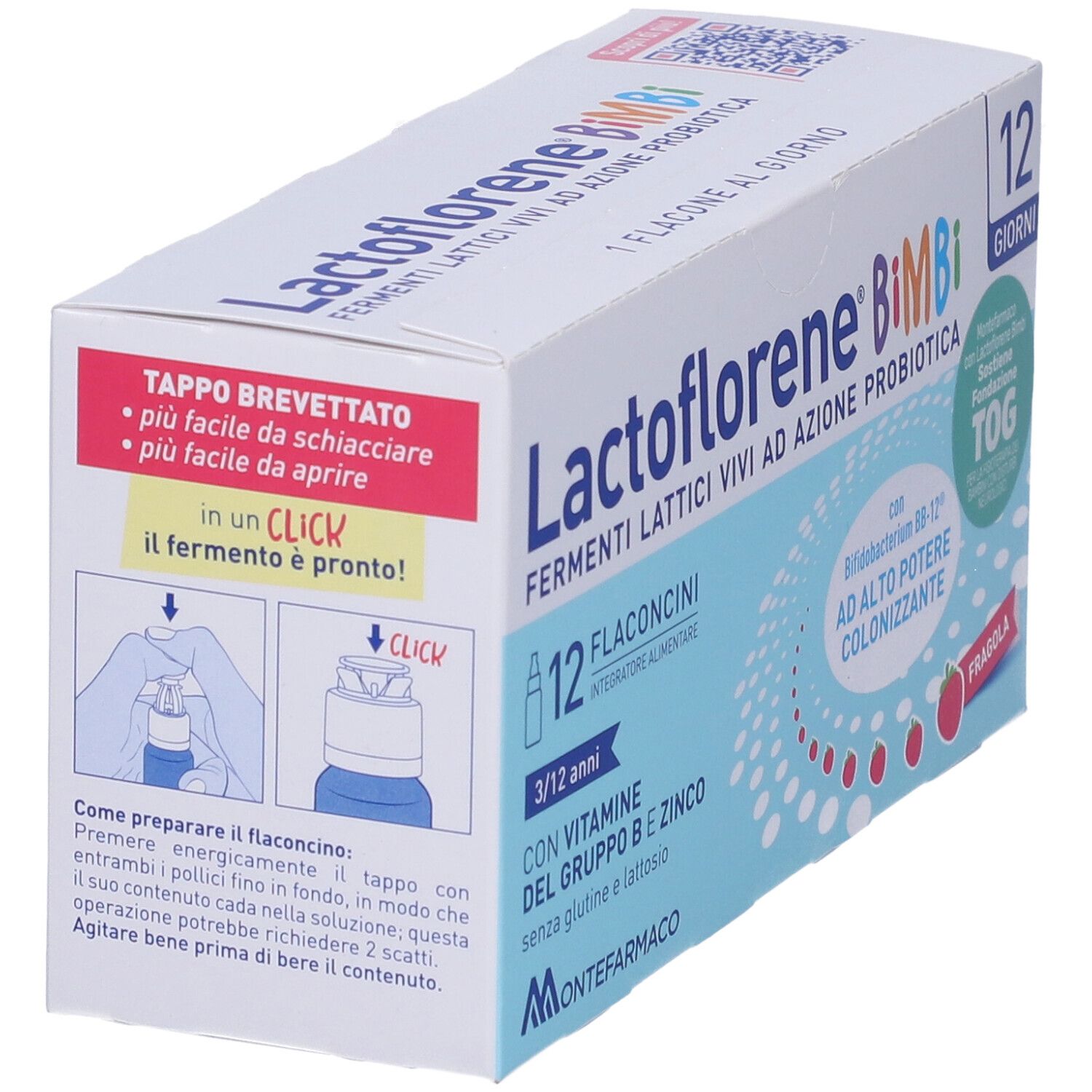 Scatola con scritta: Lactoflorene Bimbi. Istruzioni per aprire il flaconcino. Illustrazione.