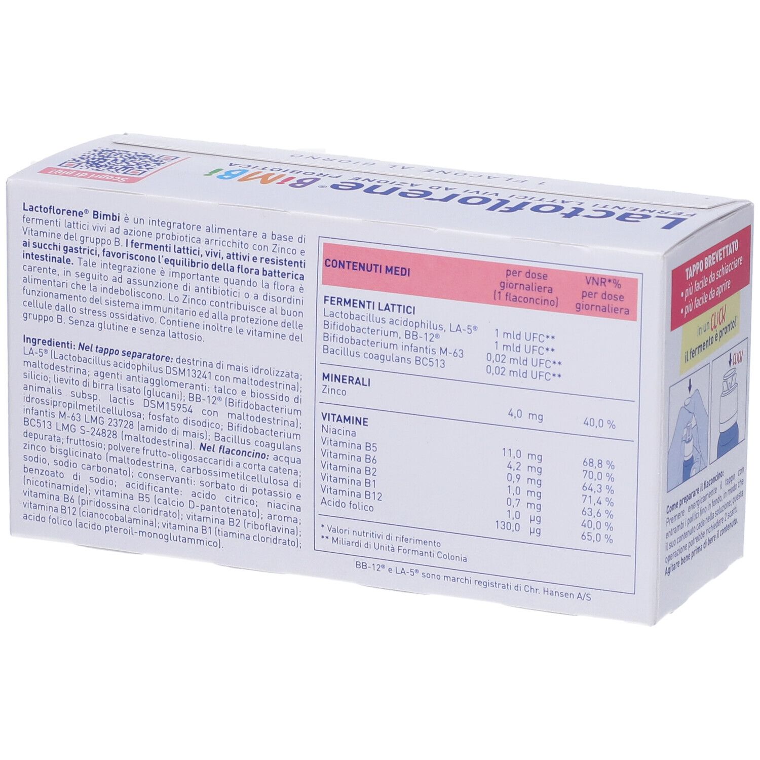 Retro della confezione. Testo sugli ingredienti e valori nutrizionali. Contiene vitamine, minerali e Fermenti Lattici.