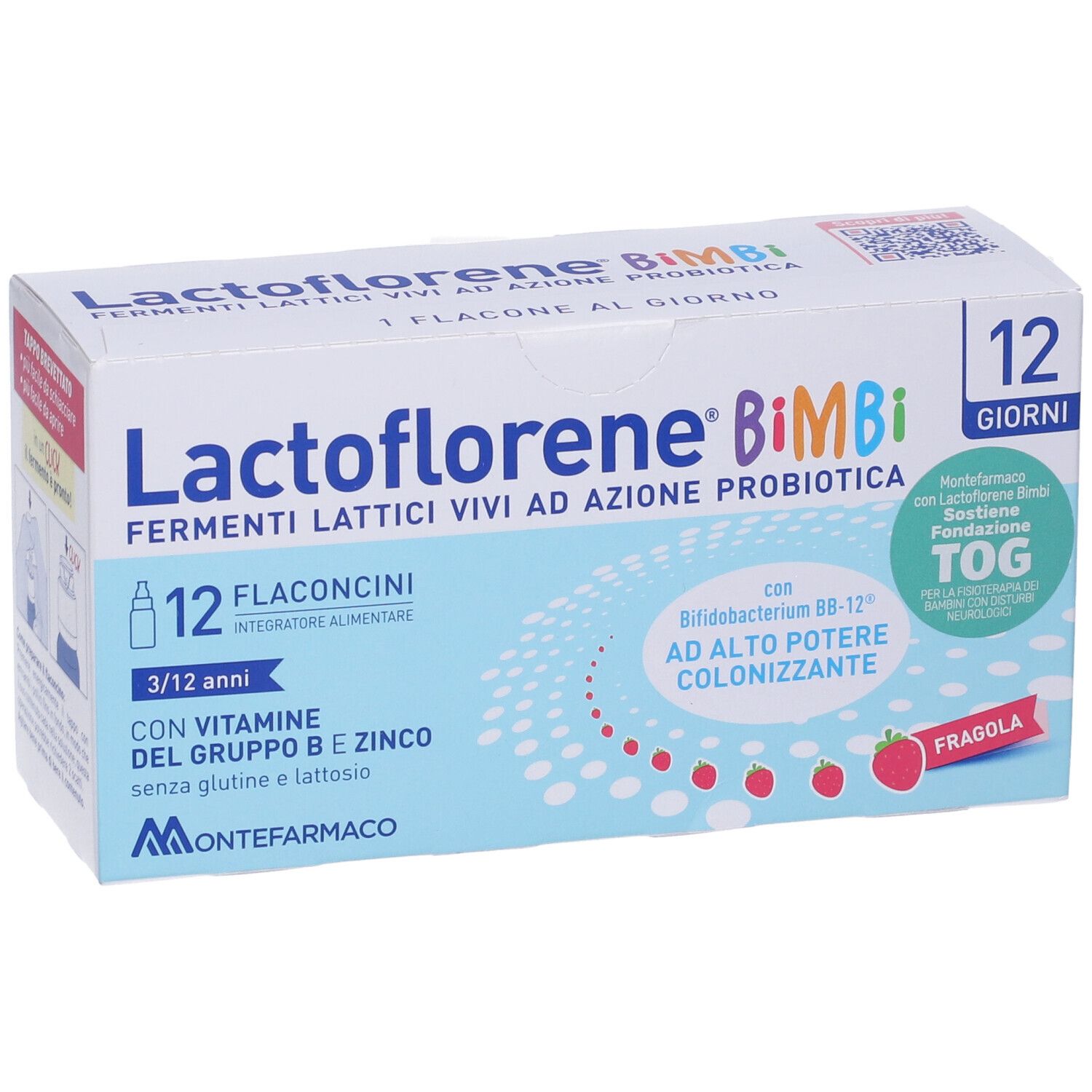 Scatola con scritta: Lactoflorene Bimbi, Fermenti Lattici. 12 flaconcini. Con vitamine e zinco. Gusto fragola.
