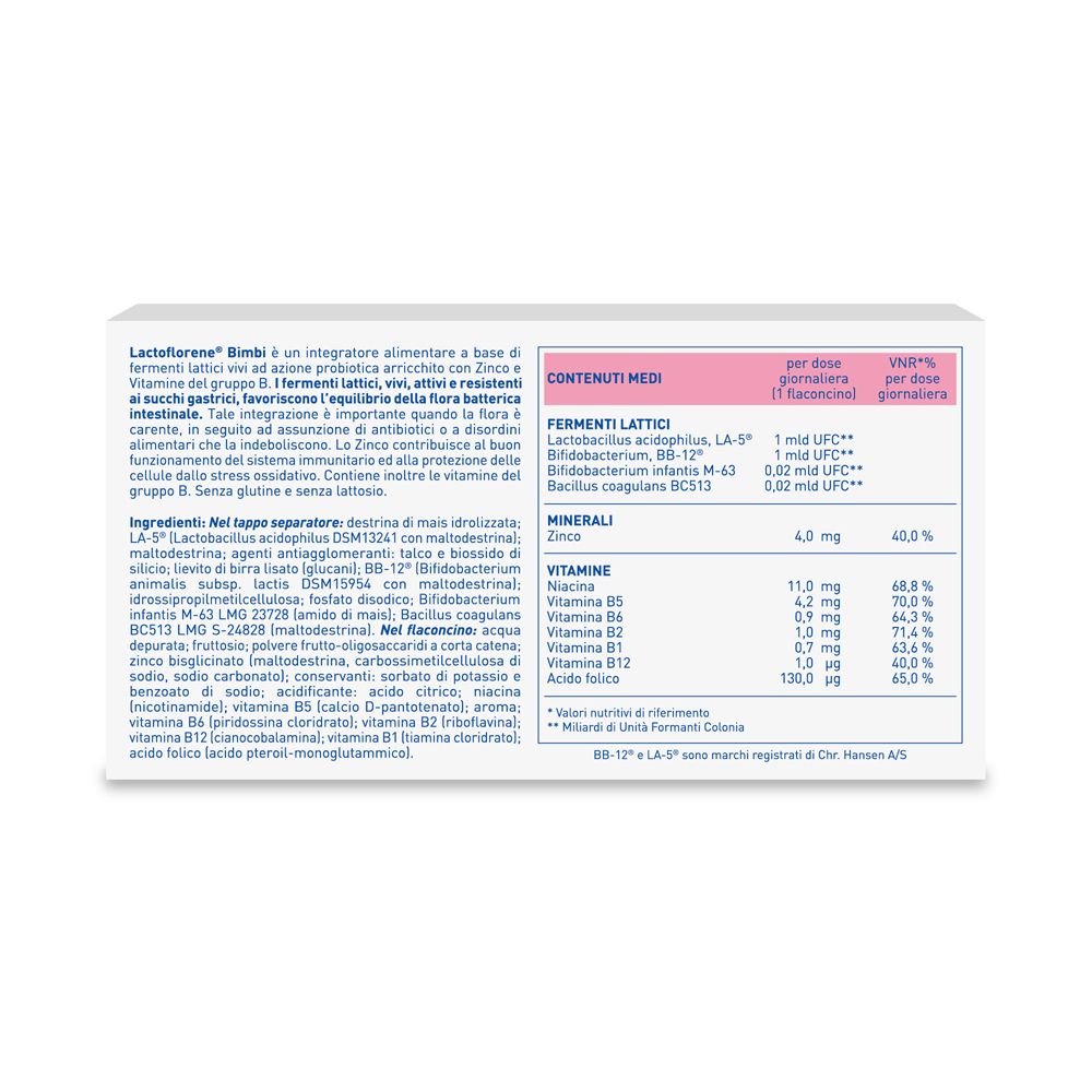 Retro della confezione. Testo sugli ingredienti e valori nutrizionali. Contiene vitamine, minerali e Fermenti Lattici.