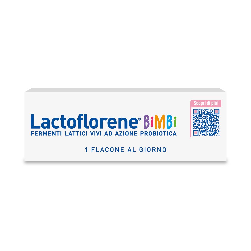 Scatola bianca con scritta: Lactoflorene Bimbi, Fermenti Lattici. 1 flaconcino al giorno. Codice QR.