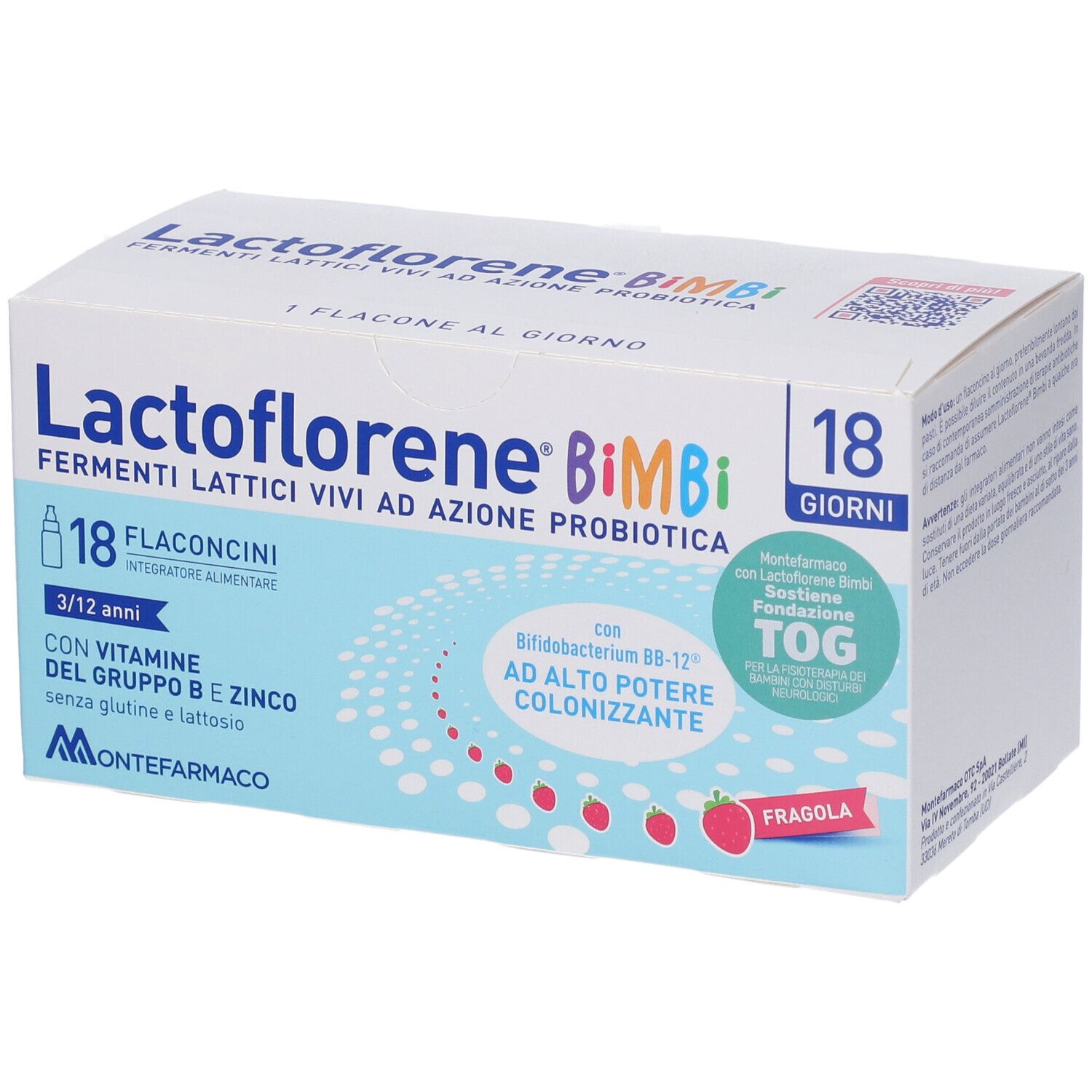 Confezione Lactoflorene Bimbi, 18 flaconcini. Fermenti lattici vivi, vitamine B e zinco. Gusto fragola.
