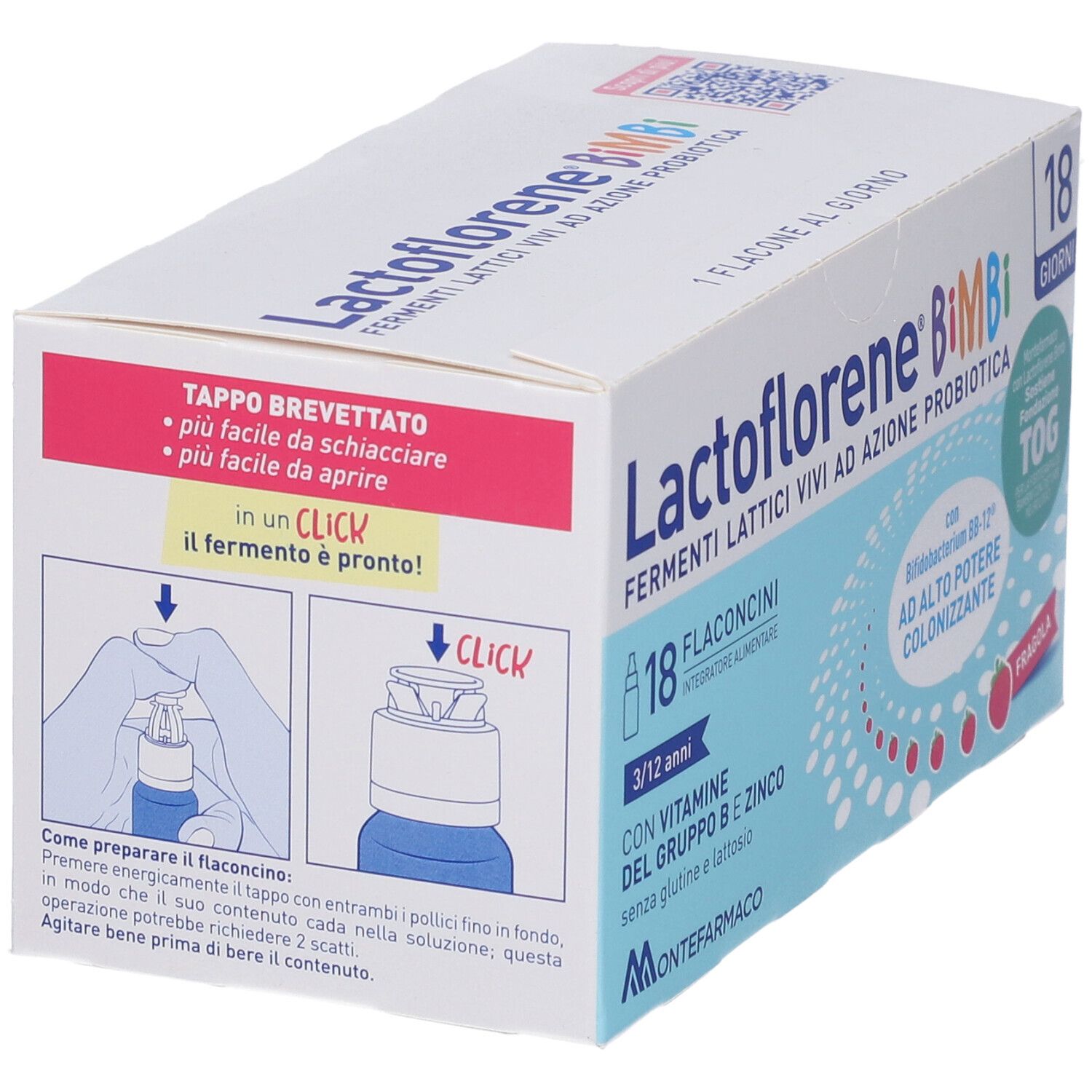 Confezione Lactoflorene Bimbi, 18 flaconcini. Fermenti lattici vivi, vitamine B e zinco. Gusto fragola.