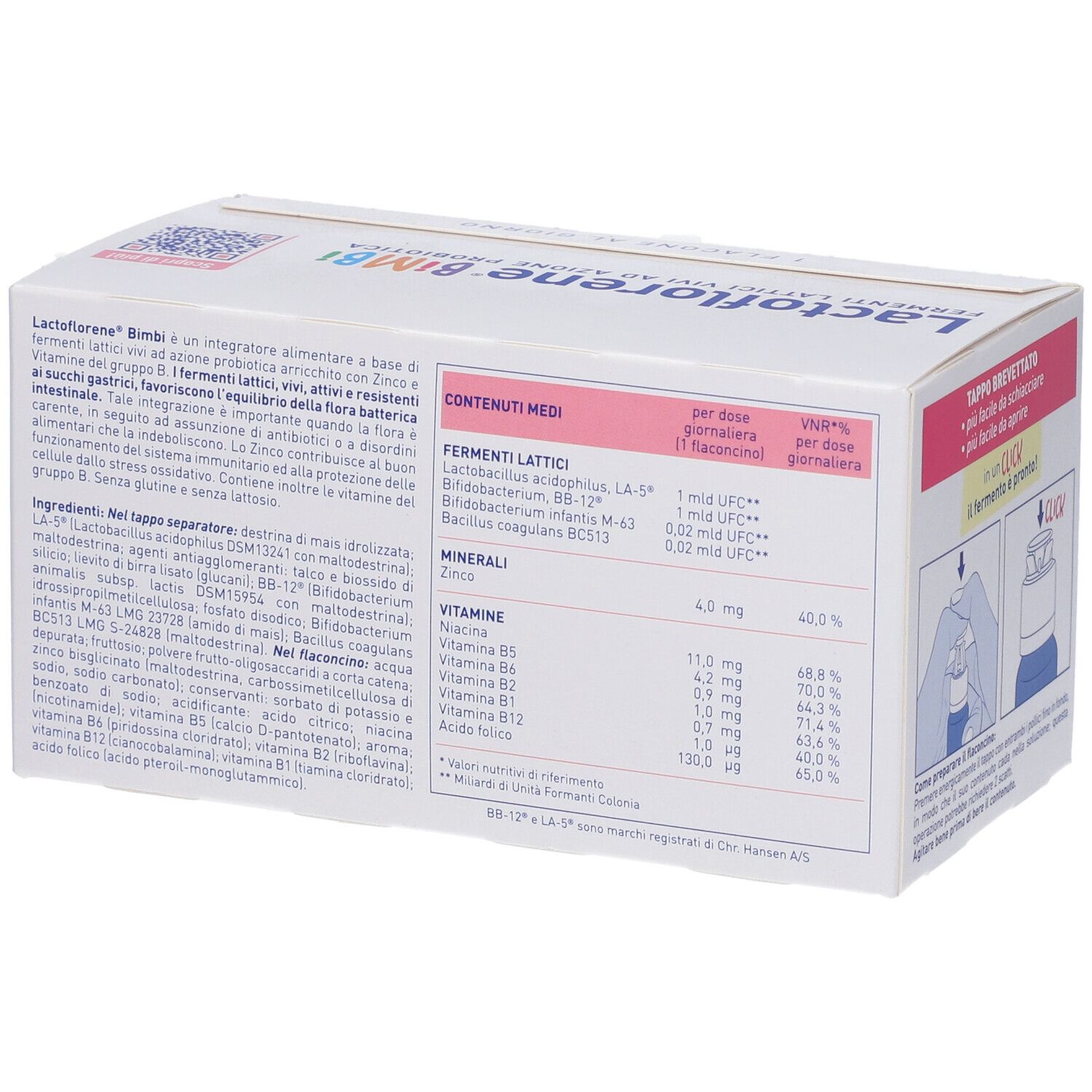 Retro confezione Lactoflorene Bimbi. Informazioni su ingredienti, valori nutrizionali e utilizzo.