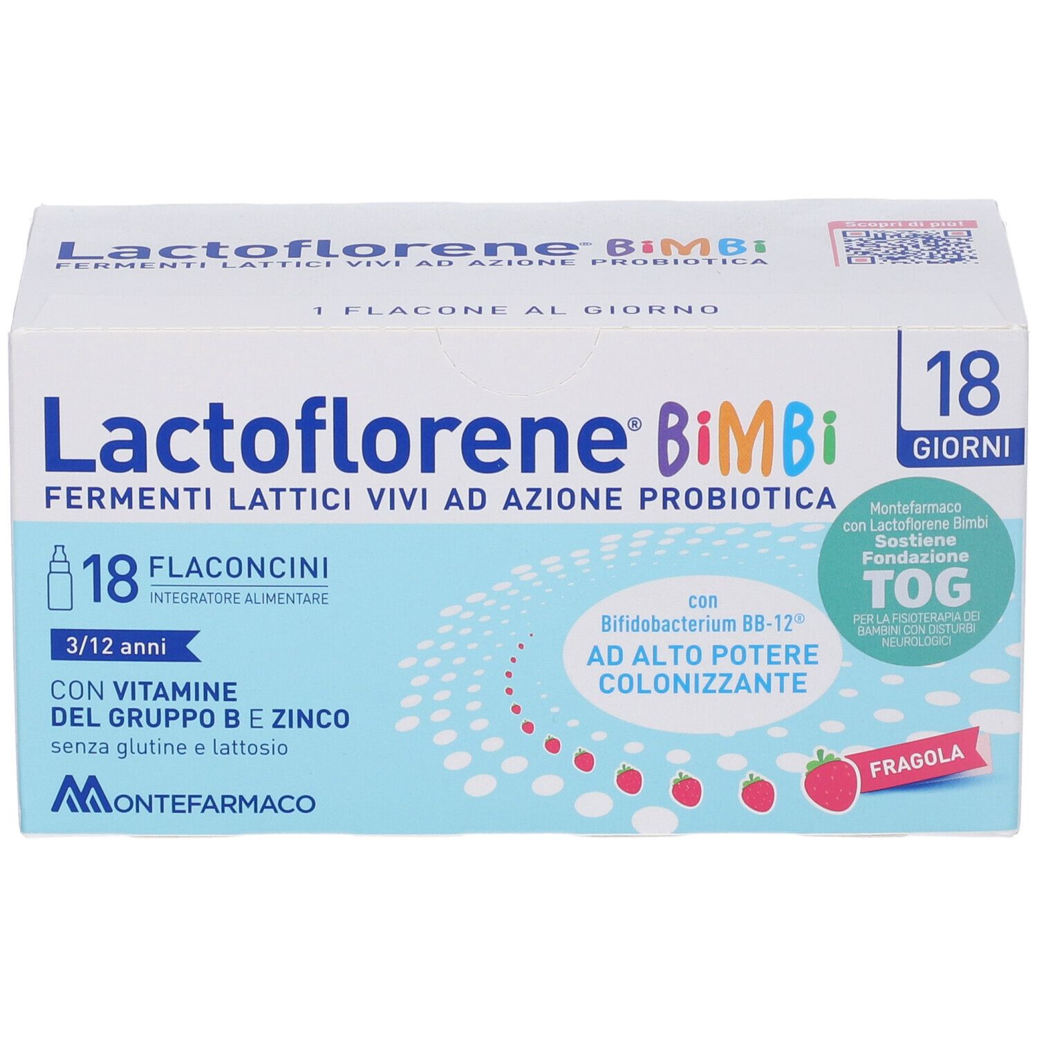 Confezione Lactoflorene Bimbi, 18 flaconcini. Fermenti lattici vivi, vitamine B e zinco. Gusto fragola.