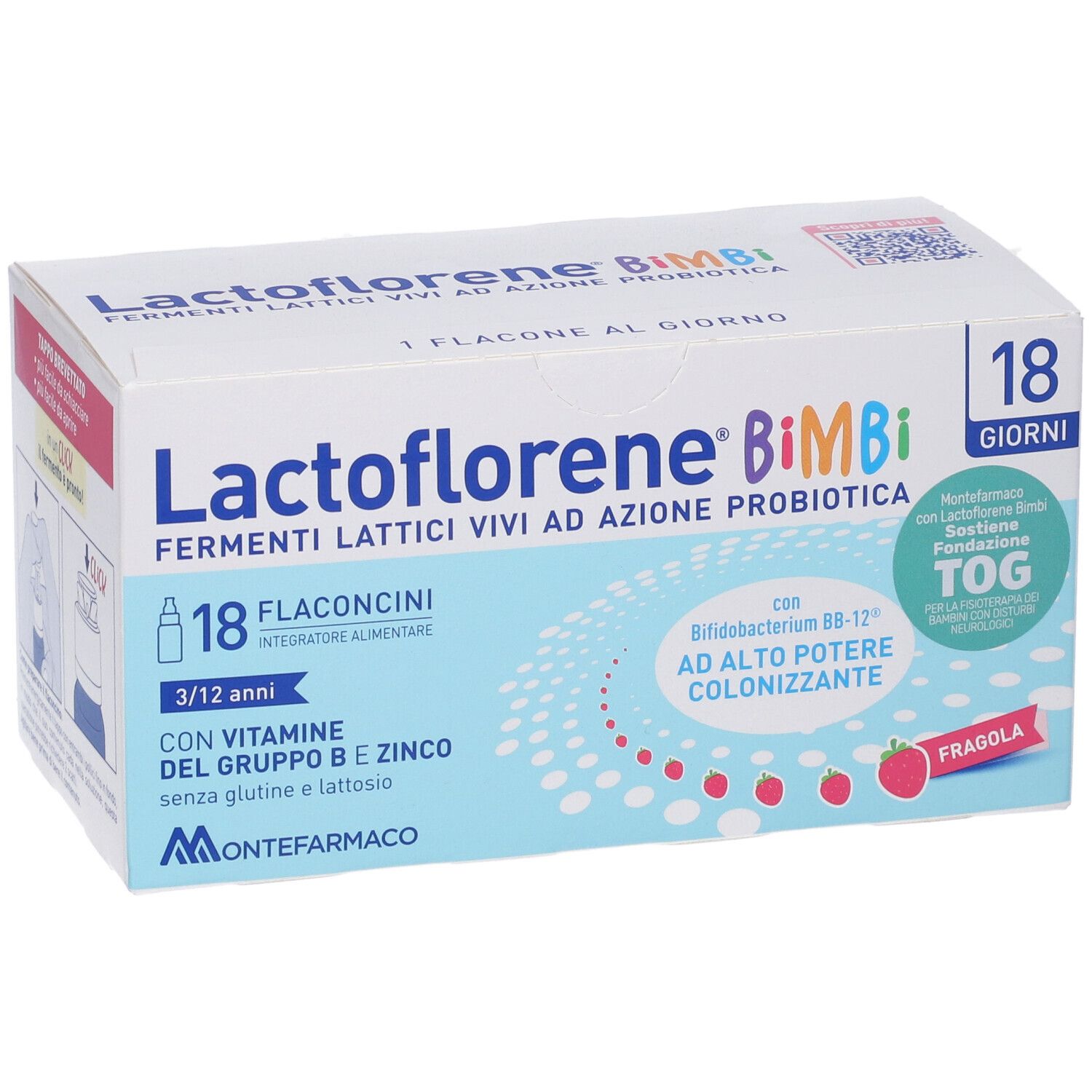 Confezione Lactoflorene Bimbi, 18 flaconcini. Fermenti lattici vivi, vitamine B e zinco. Gusto fragola.