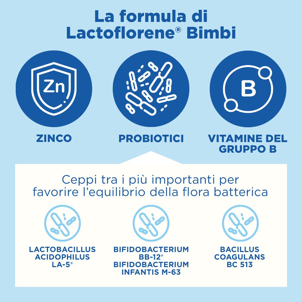 Grafico con gli ingredienti di Lactoflorene Bimbi: zinco, probiotici, vitamina B e ceppi batterici.