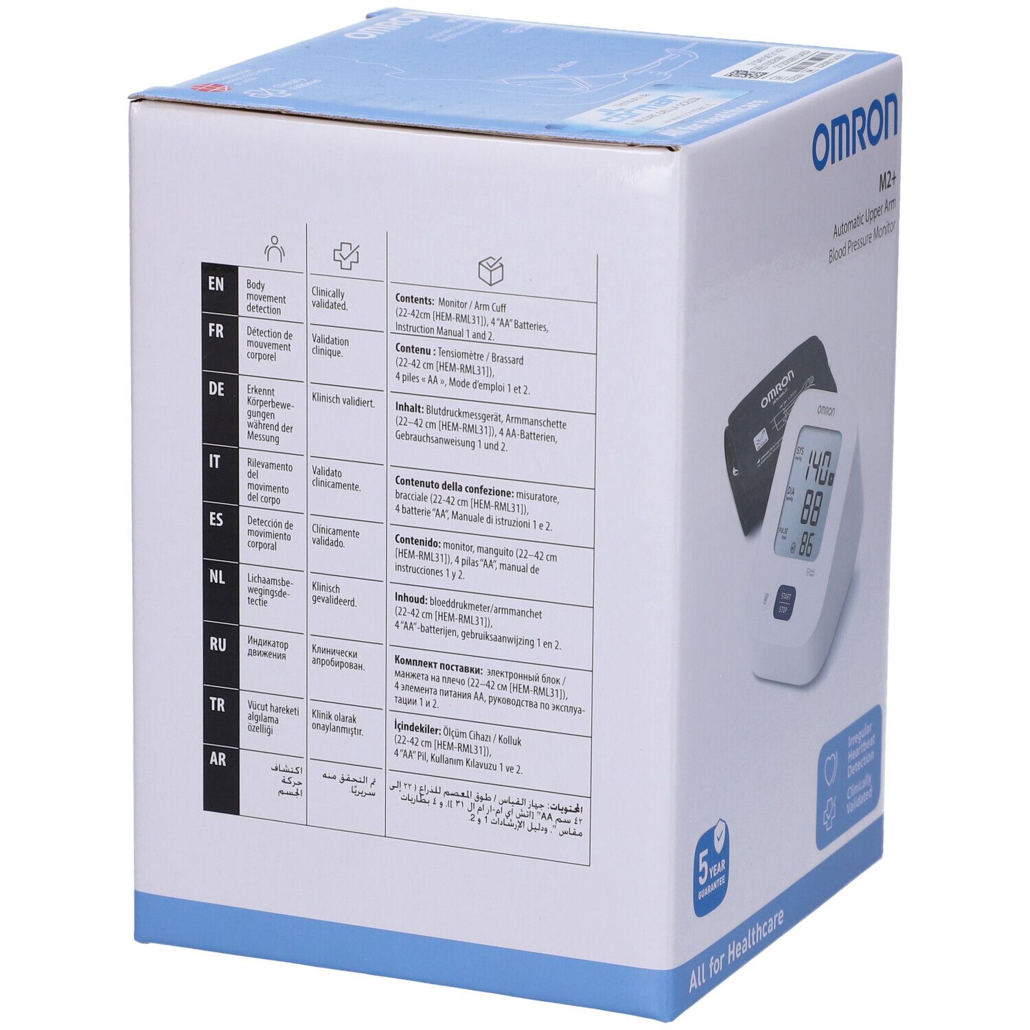 Retro scatola OMRON M2+ Sfigmo Braccio. Elenco contenuti e certificazioni in più lingue.