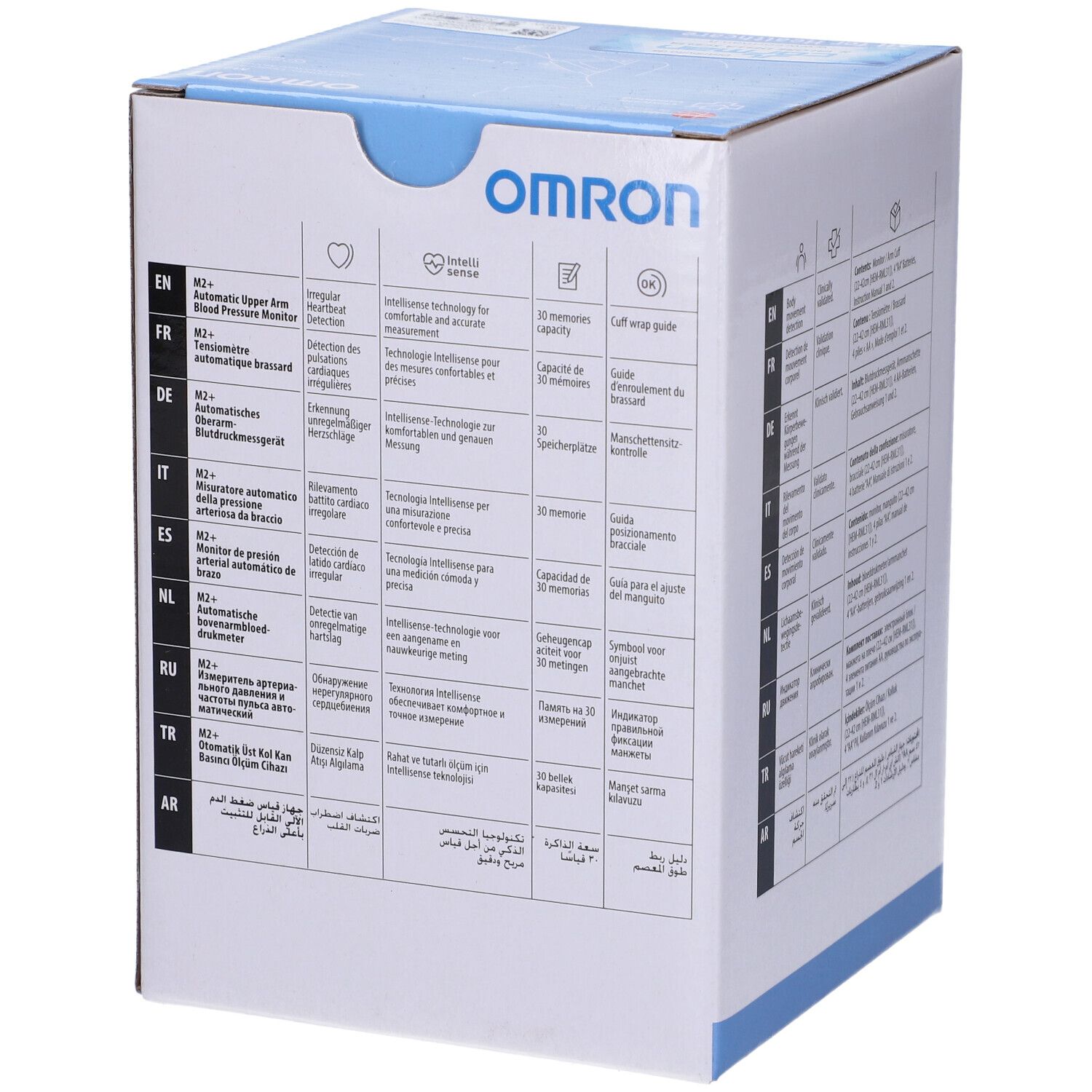 Lato scatola OMRON M2+ Sfigmo Braccio. Informazioni su funzioni e tecnologia in più lingue.