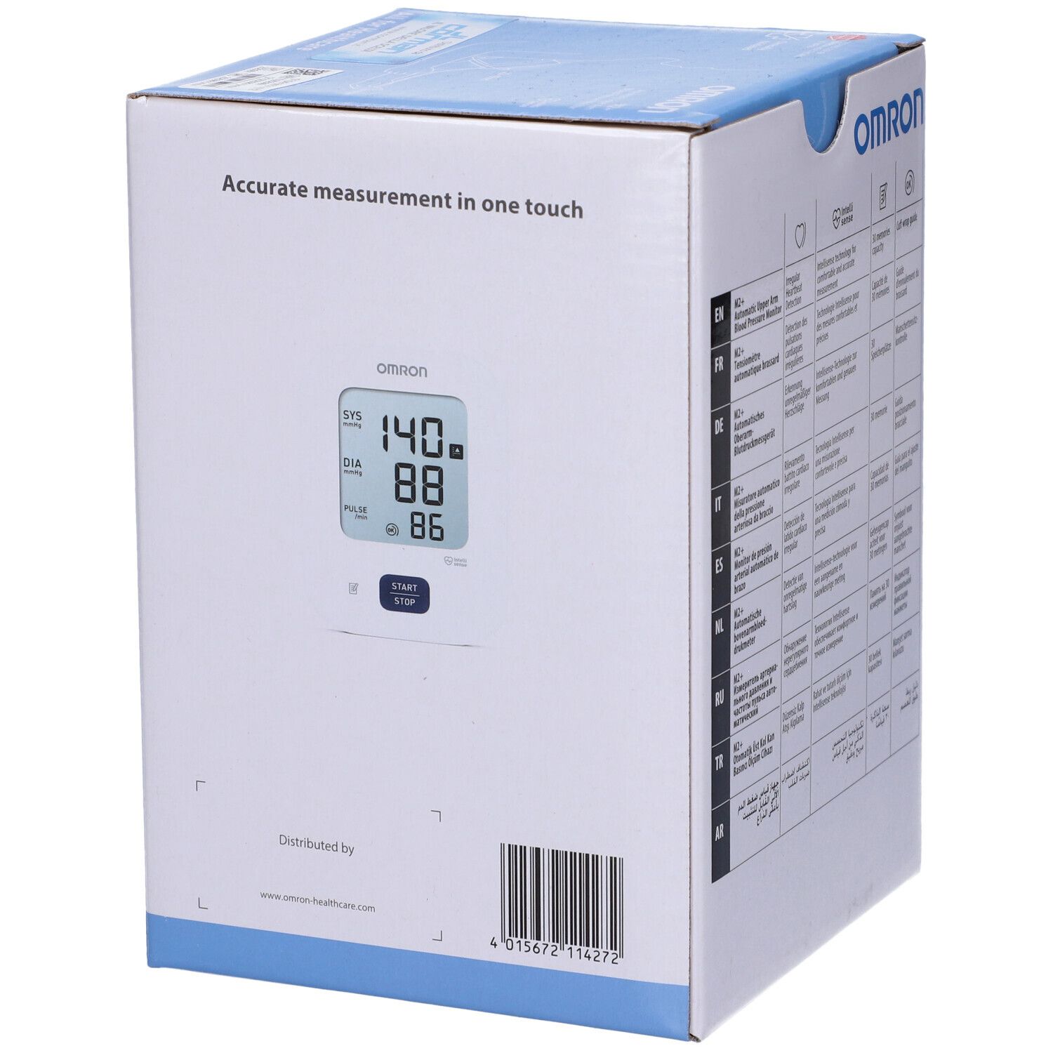 Retro scatola OMRON M2+ Sfigmo Braccio. Testo: Accurate measurement in one touch. Codice a barre.