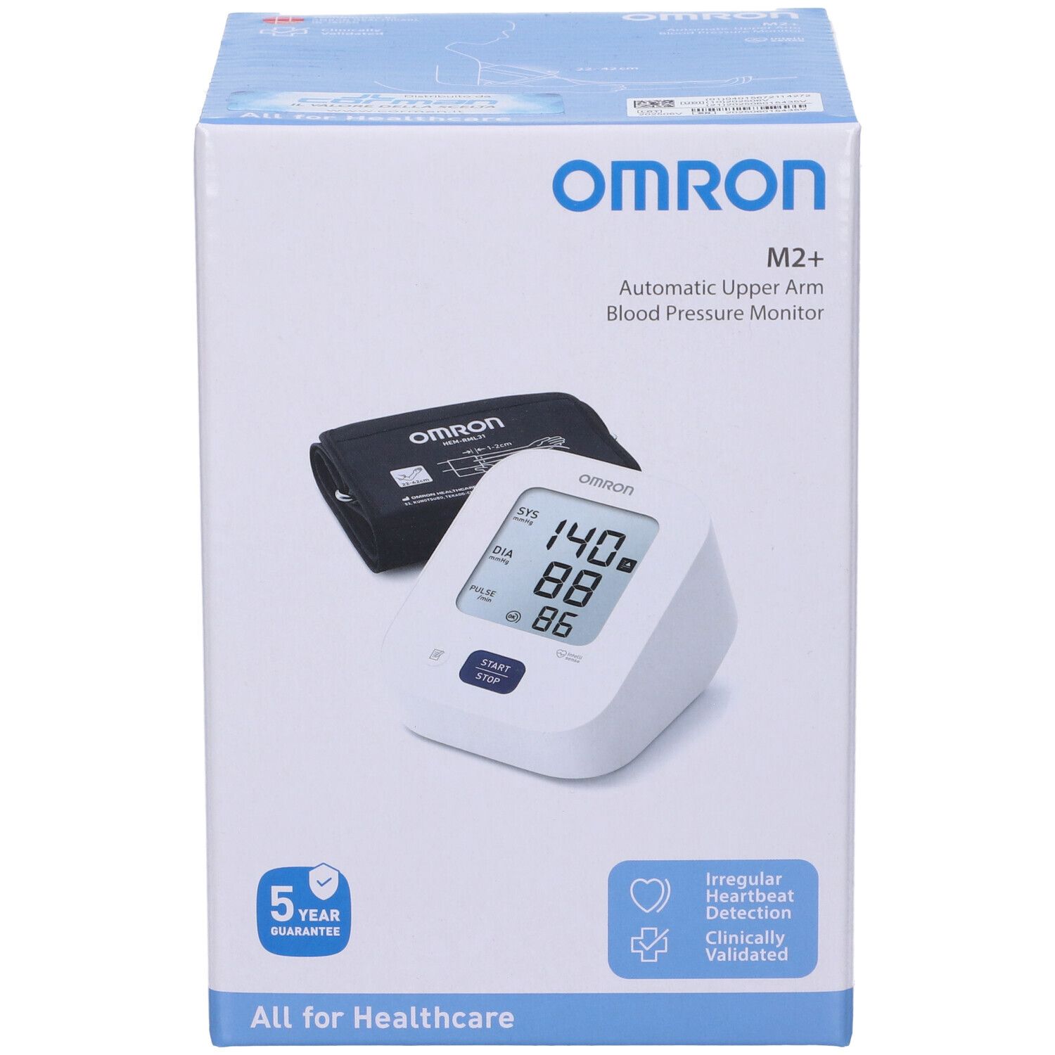Scatola OMRON M2+ Sfigmo Braccio. Scritto: misuratore pressione, garanzia, simbolo cuore, clinicamente validato.