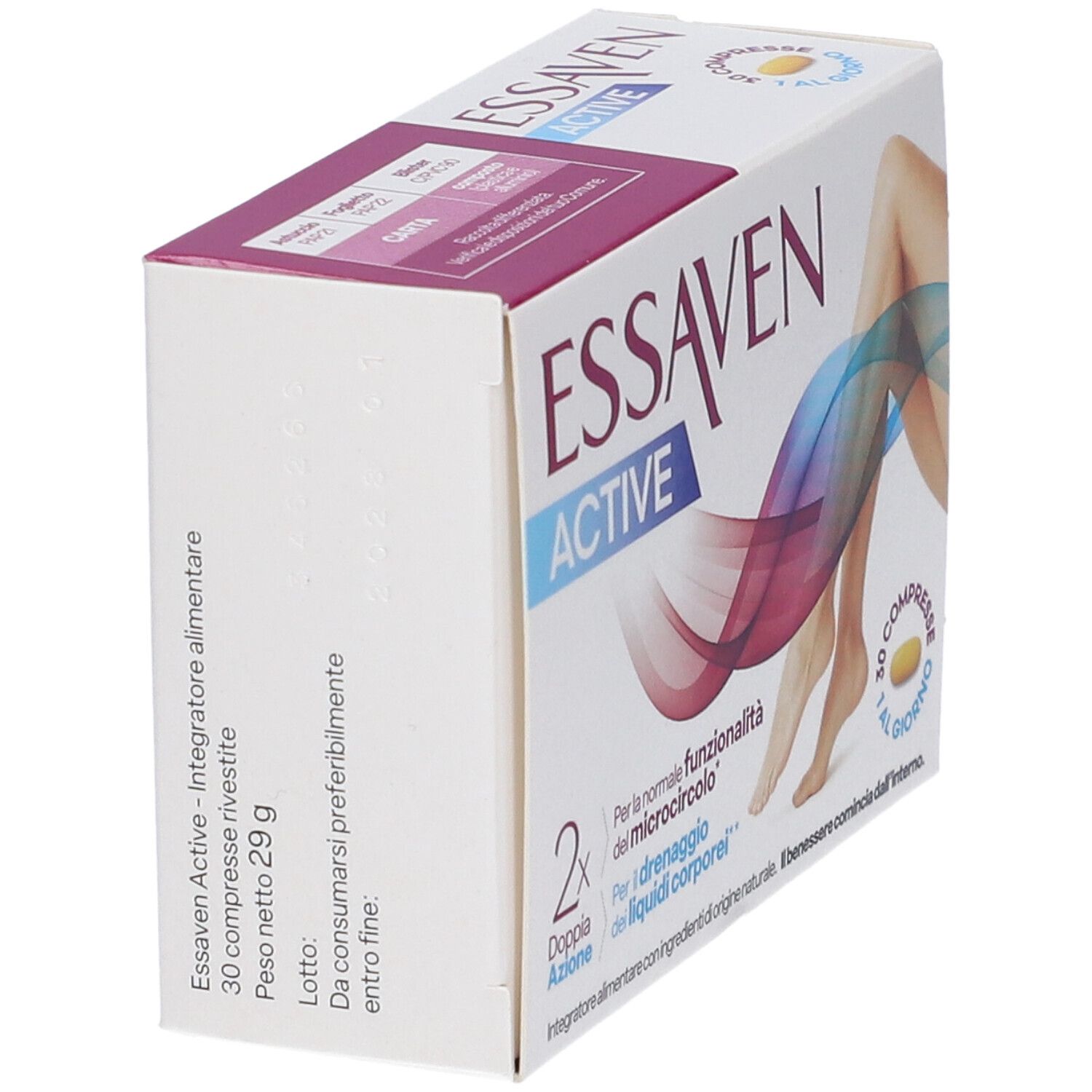 Scatola ESSAVEN ACTIVE, vista laterale. Testo: 30 compresse, peso 29g. Indirizzo produttore. Testo in italiano.
