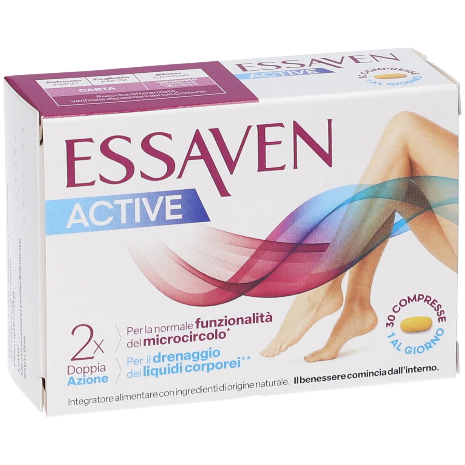 Scatola ESSAVEN ACTIVE. Scritto: 30 compresse, 1 al giorno. Immagine di gambe. Testo in italiano.