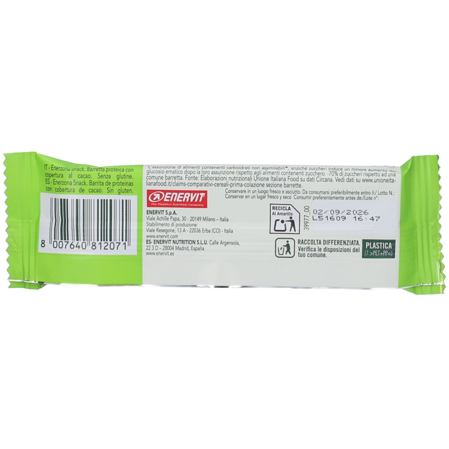 Retro di una barretta EnerZona Snack Bar Noir con informazioni nutrizionali e codice a barre.