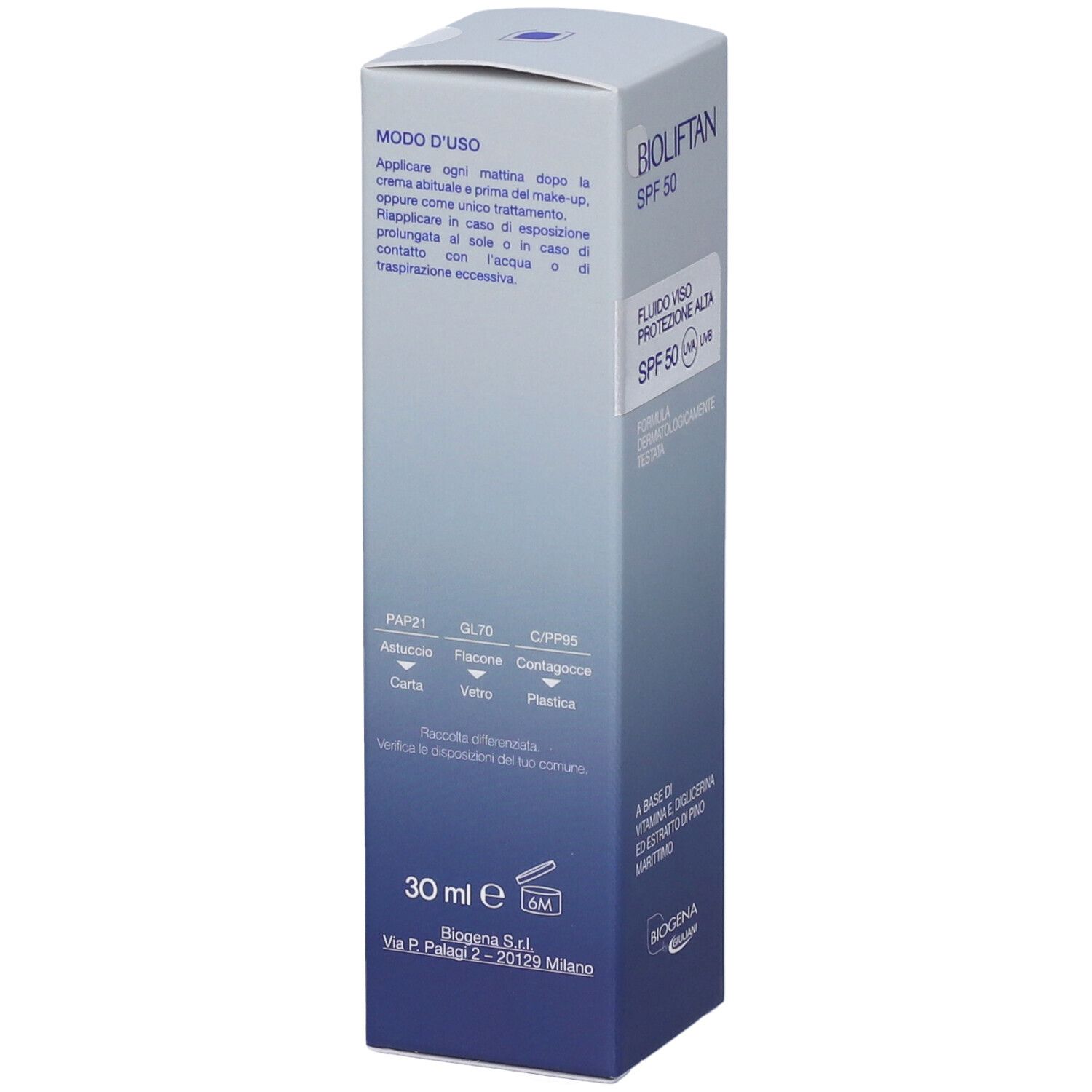 Bioliftan Fluido Viso SPF 50 cartone, retro con istruzioni d'uso e simboli di riciclo.