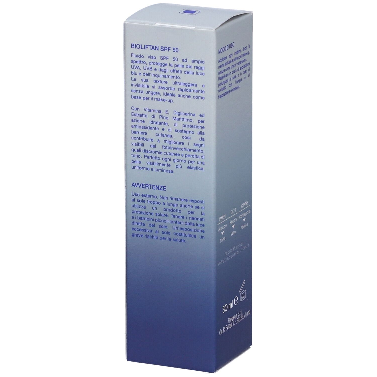 Bioliftan Fluido Viso SPF 50 cartone, lato con descrizione del prodotto, avvertenze e ingredienti.