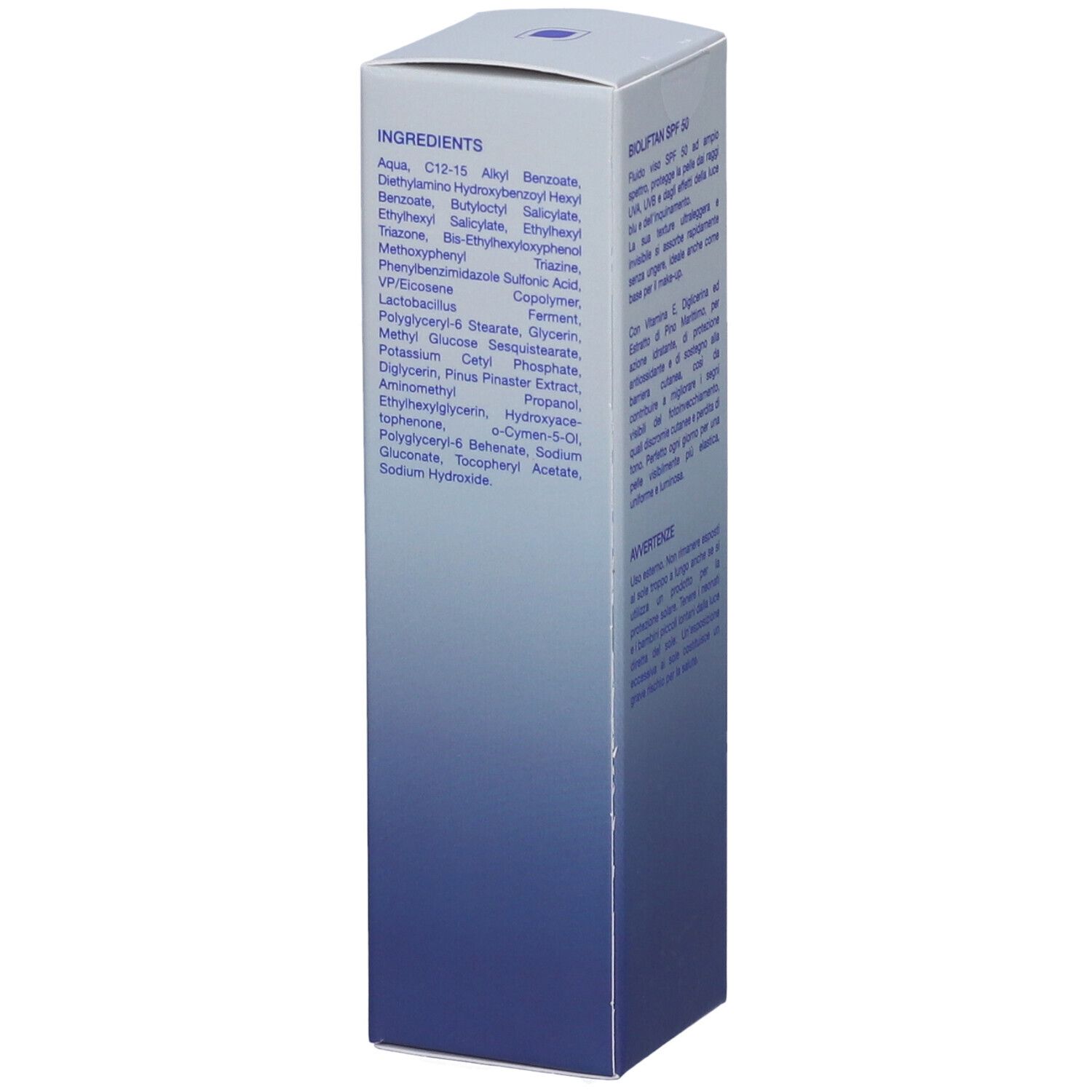 Bioliftan Fluido Viso SPF 50 cartone, lato con elenco completo degli ingredienti.