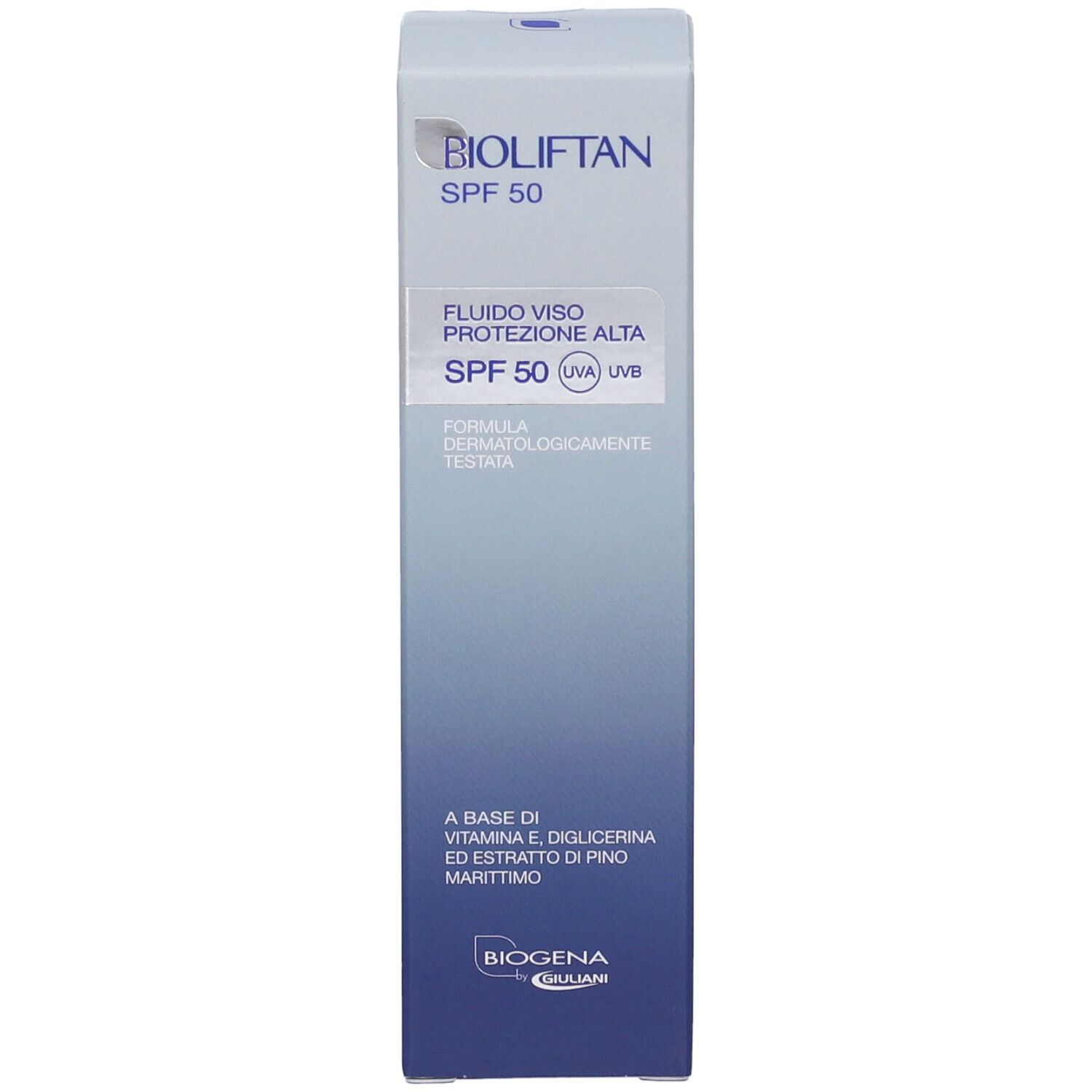 Confezione in cartone Bioliftan Fluido Viso SPF 50, fronte con nome del prodotto e indicazione SPF.