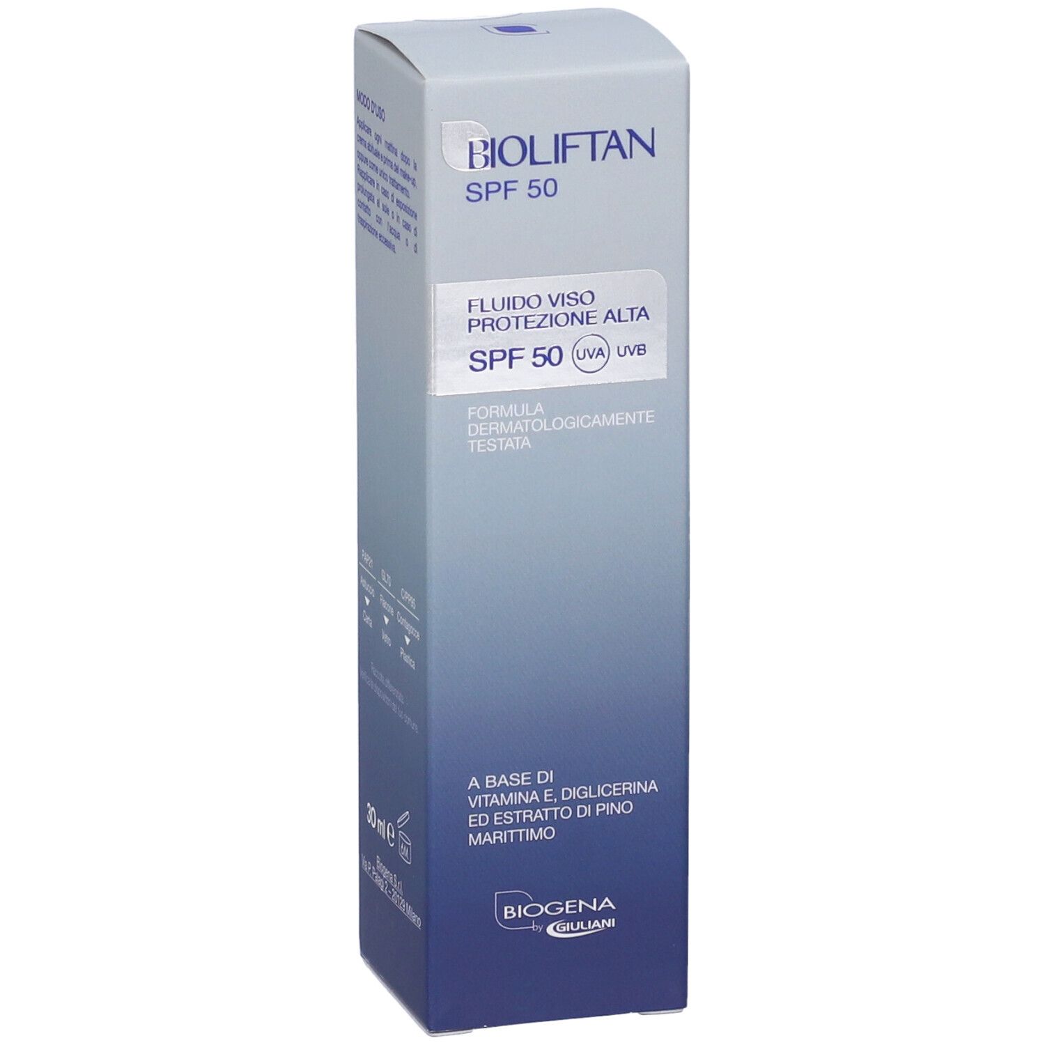 Bioliftan Fluido Viso SPF 50 cartone, fronte con nome del prodotto, SPF 50 e marchio.
