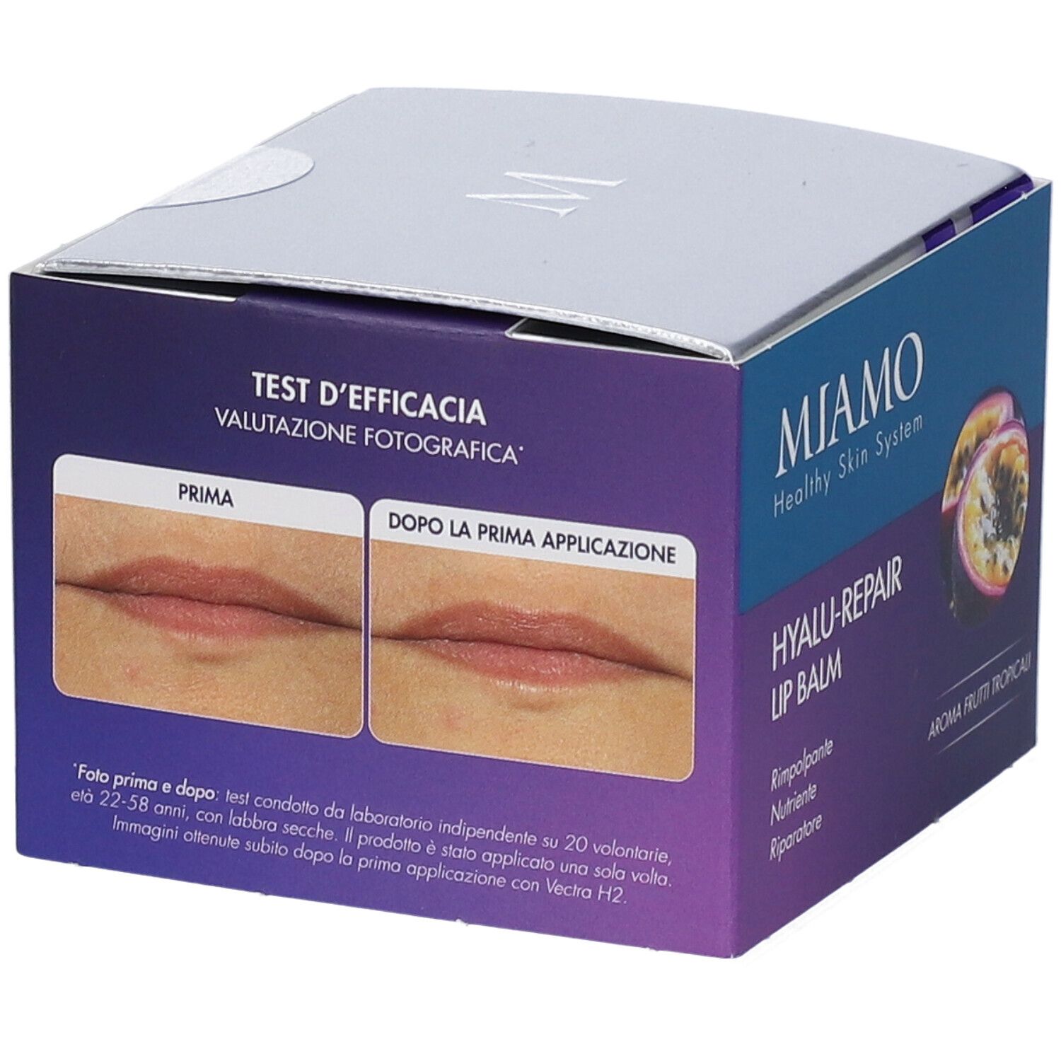 Confezione Miamo Hyalu-Repair Lip Balm. Mostra immagini prima-dopo delle labbra. Testo: Test d'efficacia, Valutazione fotografica.