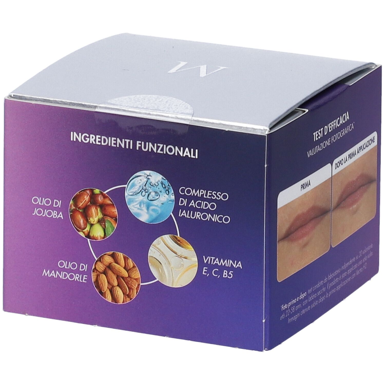 Confezione Miamo Hyalu-Repair Lip Balm. Mostra ingredienti: olio di jojoba, olio di mandorle, complesso acido ialuronico, vitamine.