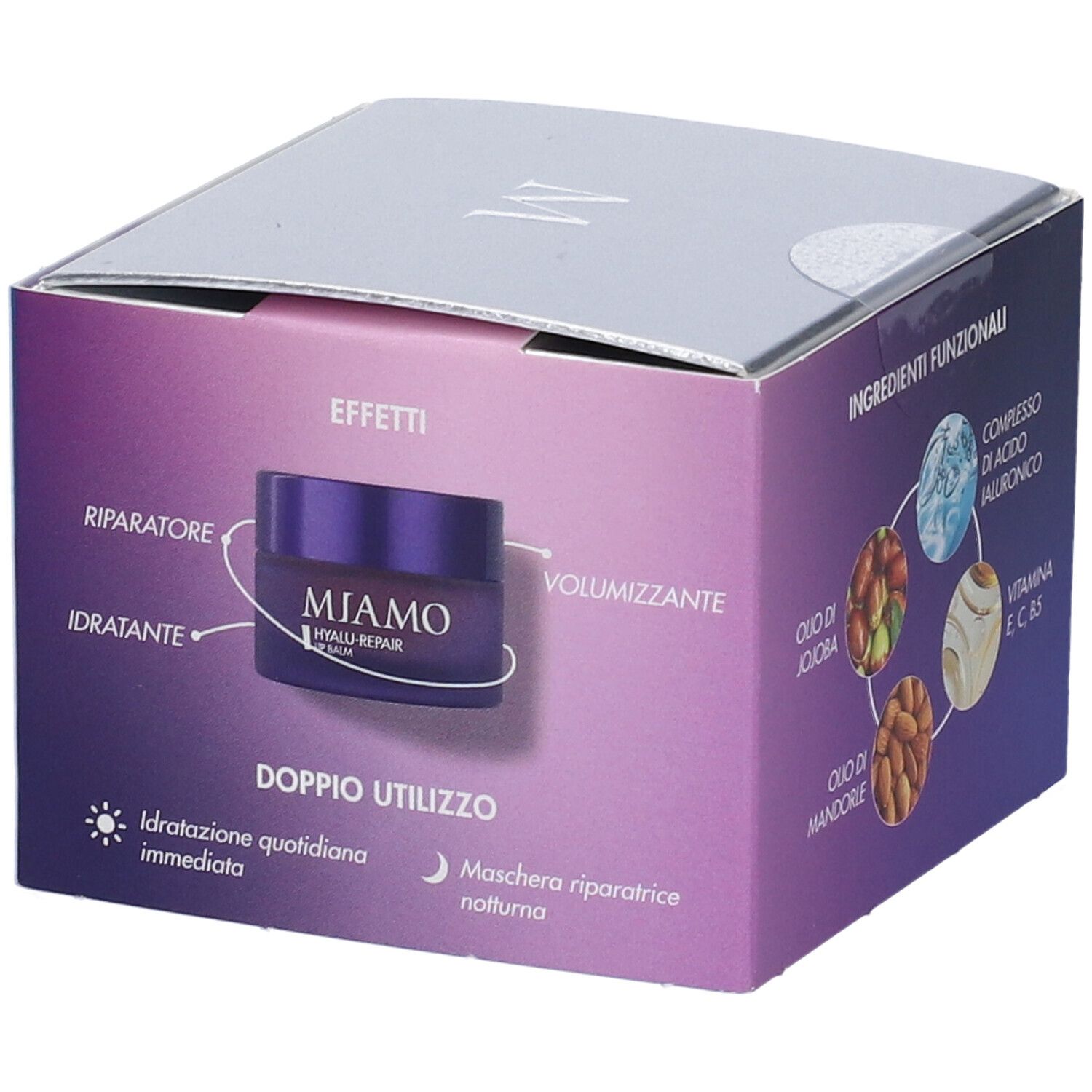 Confezione Miamo Hyalu-Repair Lip Balm. Mostra prodotto in vasetto, effetti: idratante, riparatore, volumizzante.