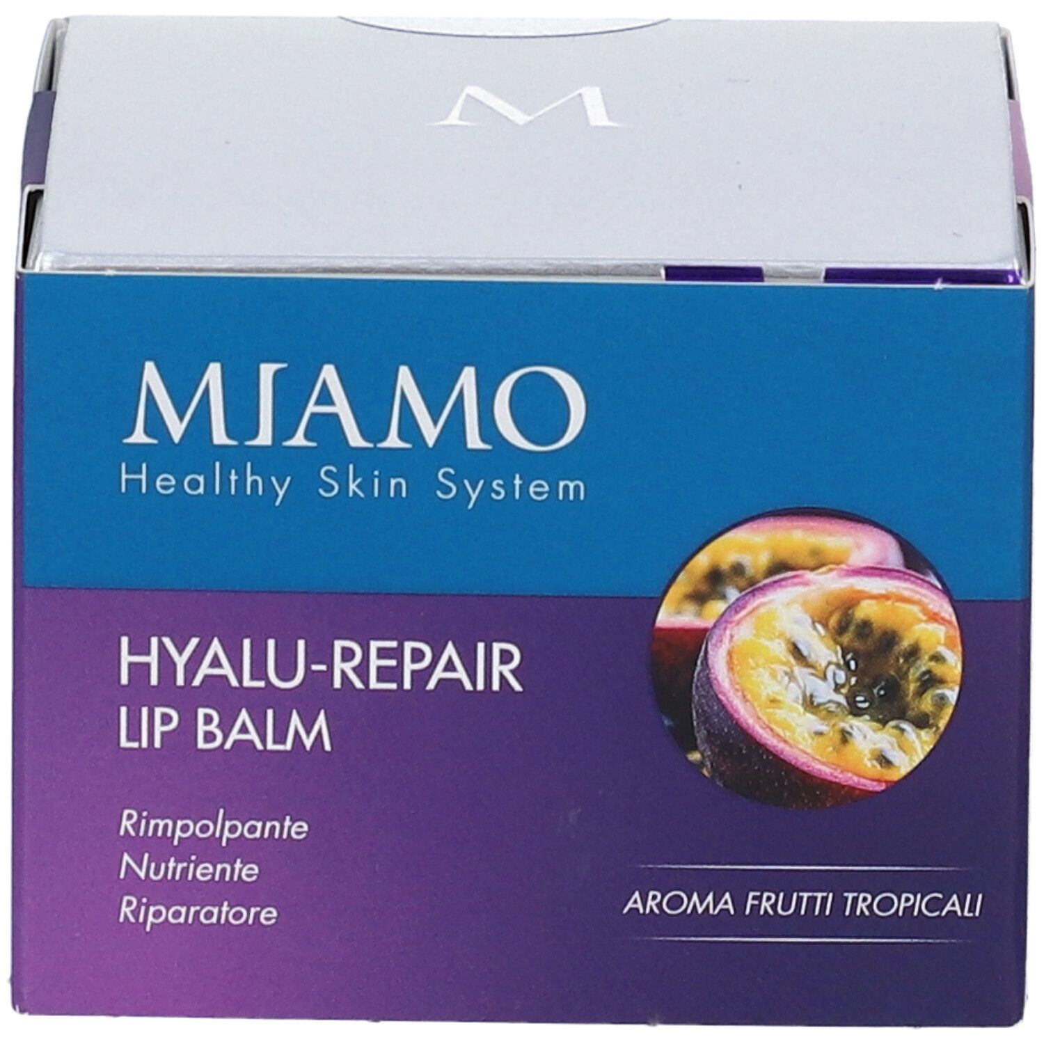 Confezione Miamo Hyalu-Repair Lip Balm. Scatola blu e viola con nome prodotto, illustrazione frutto della passione e logo.