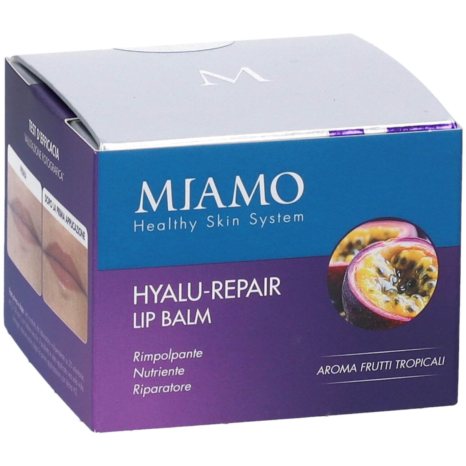 Confezione Miamo Hyalu-Repair Lip Balm. Mostra immagini prima-dopo delle labbra. Testo: Test d'efficacia, Valutazione fotografica.