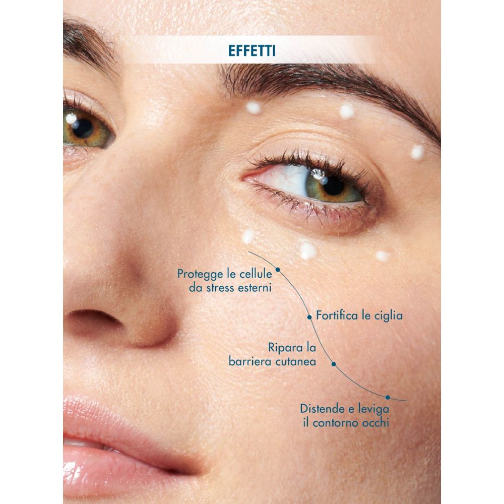 Primo piano di un viso con punti bianchi. Frecce indicano aree. Testo: Protegge le cellule, fortifica le ciglia, ripara la barriera cutanea.
