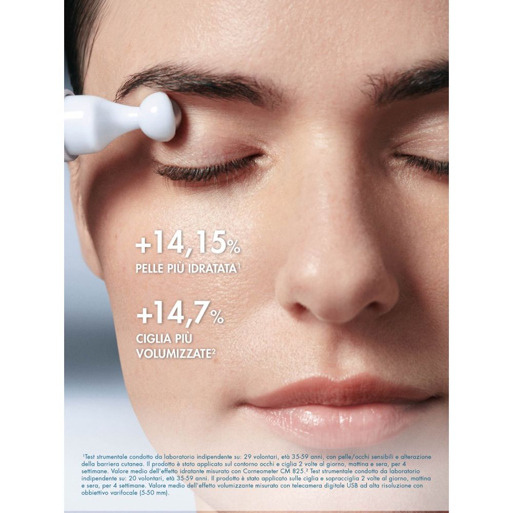 Primo piano di un viso con un applicatore. Testo: +14,15% pelle più idratata, +14,7% ciglia più voluminose.