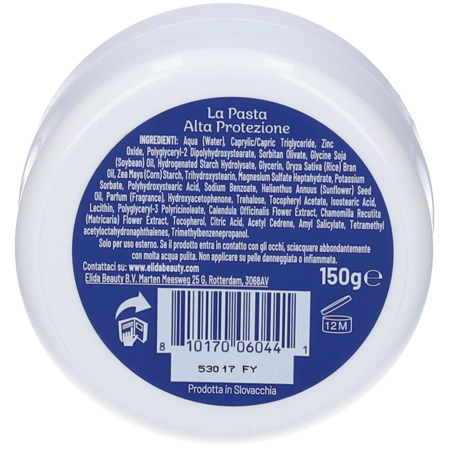 Barattolo rotondo, retro con ingredienti e testo. Scritta: 150ge. Simbolo 12M. Codice a barre.