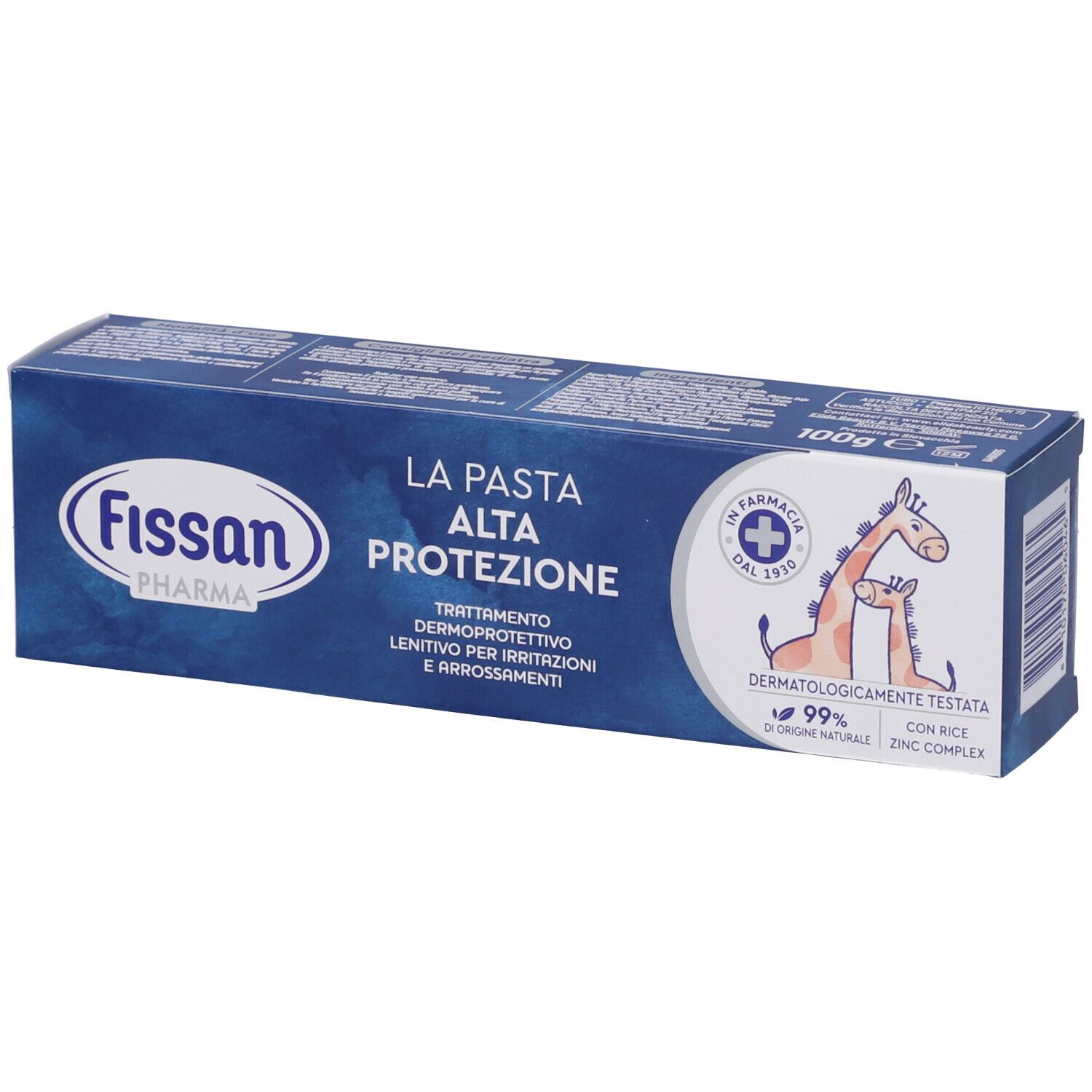 Confezione di Fissan Pharma La Pasta Alta Protezione. Scatola blu con nome e logo del prodotto. Illustrazione di giraffa.