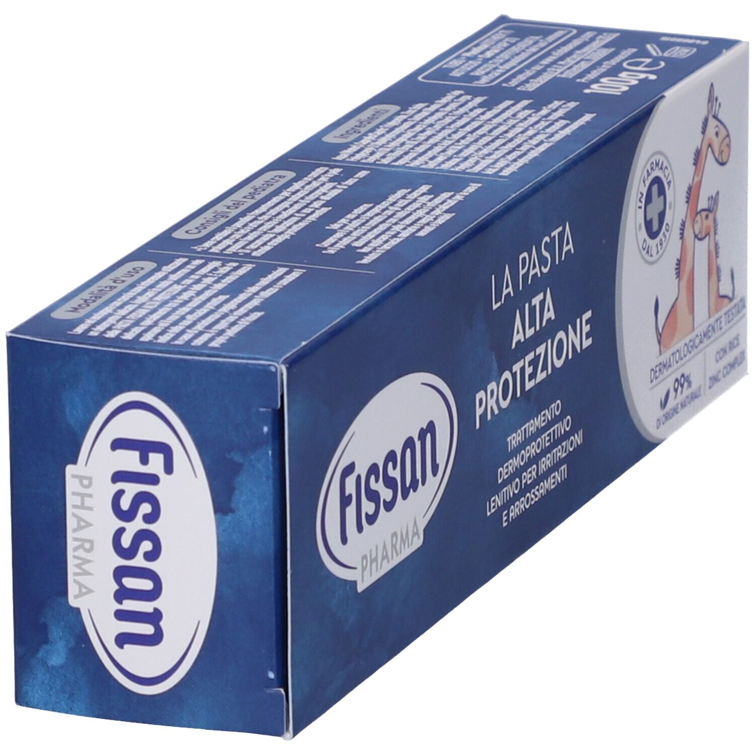 Confezione di Fissan Pharma La Pasta Alta Protezione. Scatola blu, nome e logo del prodotto visibili. Illustrazione di giraffa.