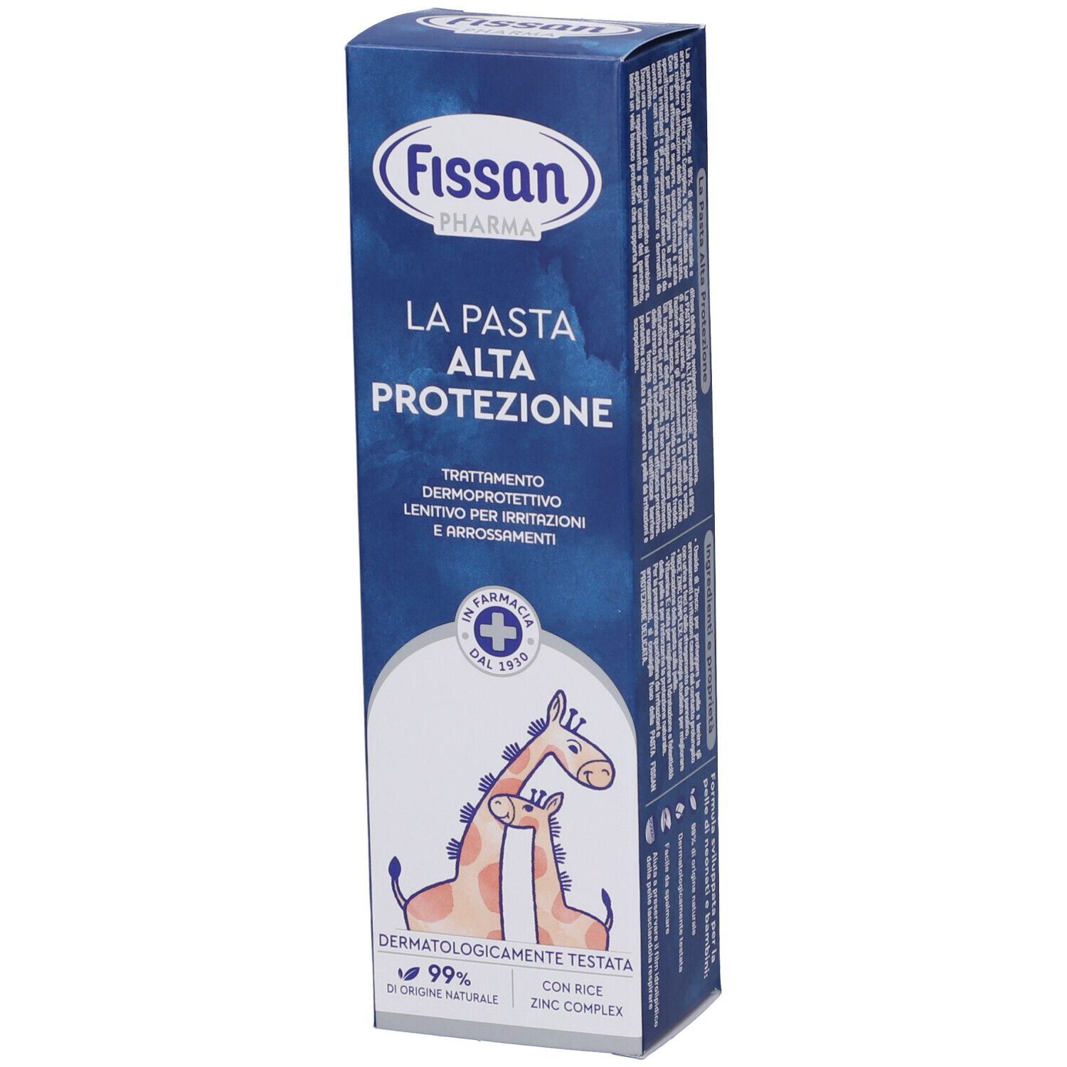 Confezione di Fissan Pharma La Pasta Alta Protezione. Scatola blu con nome e logo del prodotto. Illustrazione di giraffa.