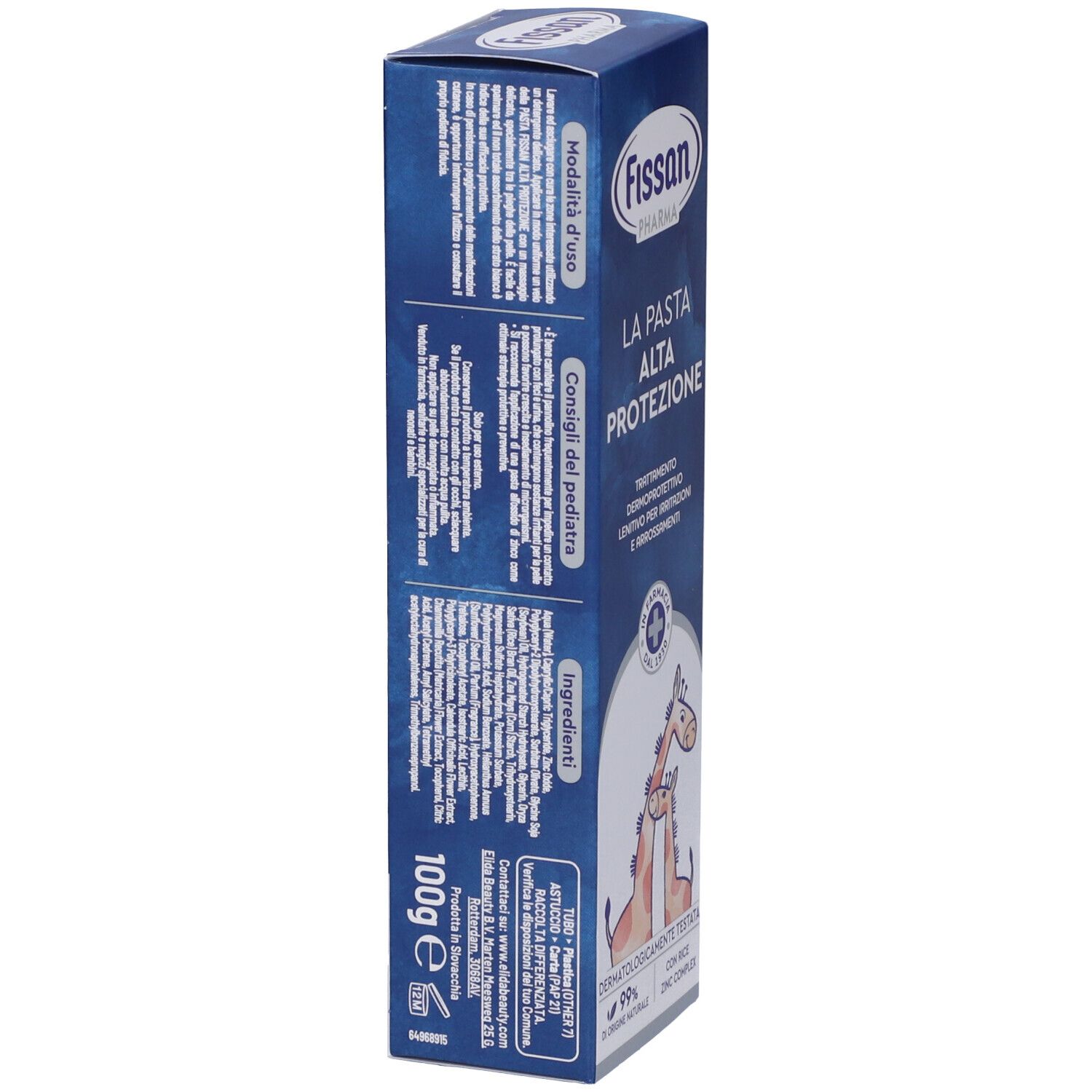 Confezione di Fissan Pharma La Pasta Alta Protezione. Scatola blu, informazioni e logo del prodotto visibili. Illustrazione di giraffa.