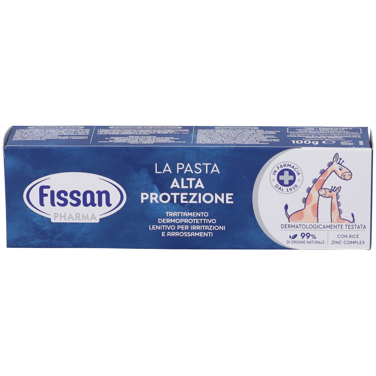 Confezione di Fissan Pharma La Pasta Alta Protezione. Scatola blu con nome e logo del prodotto. Illustrazione di giraffa.