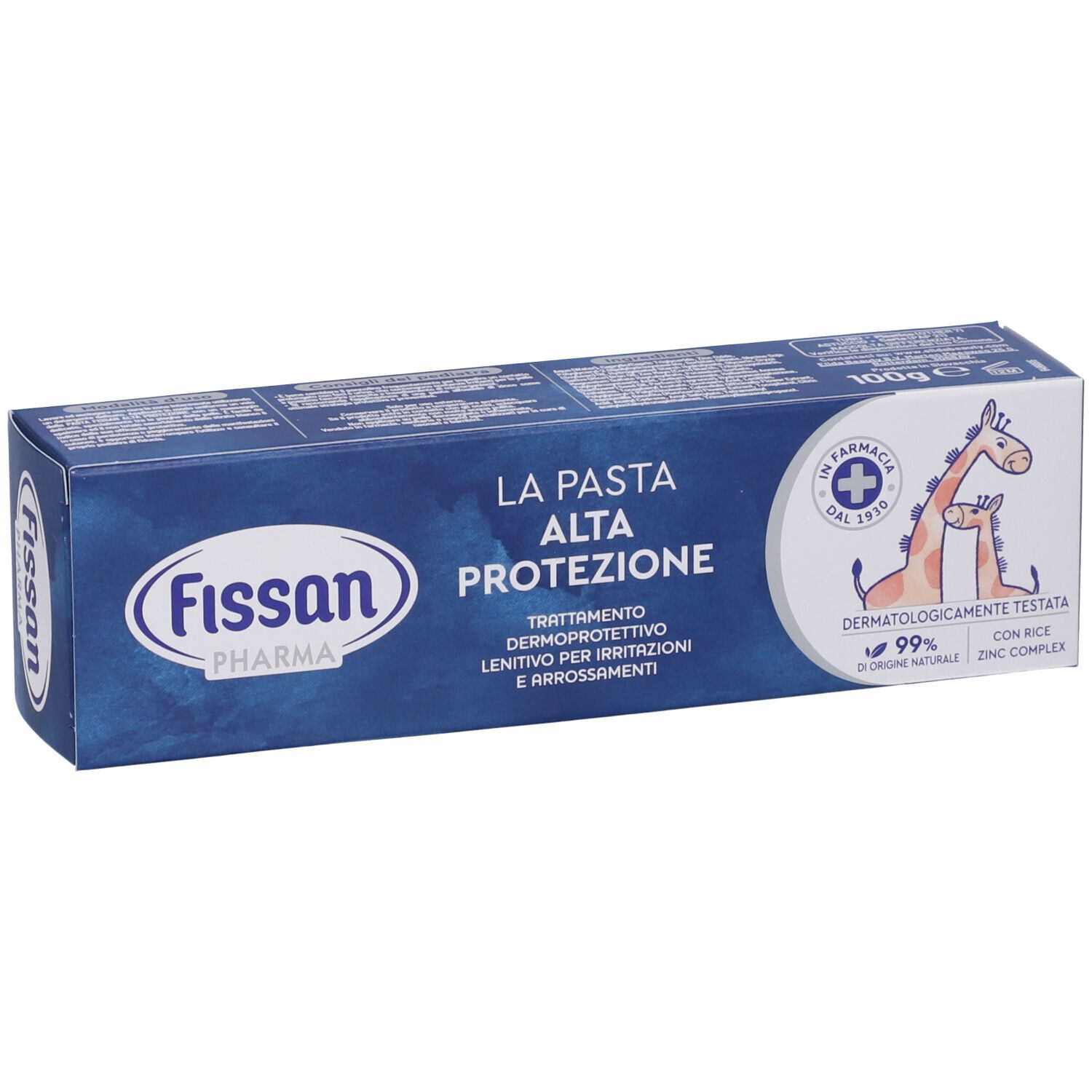 Confezione di Fissan Pharma La Pasta Alta Protezione. Scatola blu con nome e logo del prodotto. Illustrazione di giraffa.