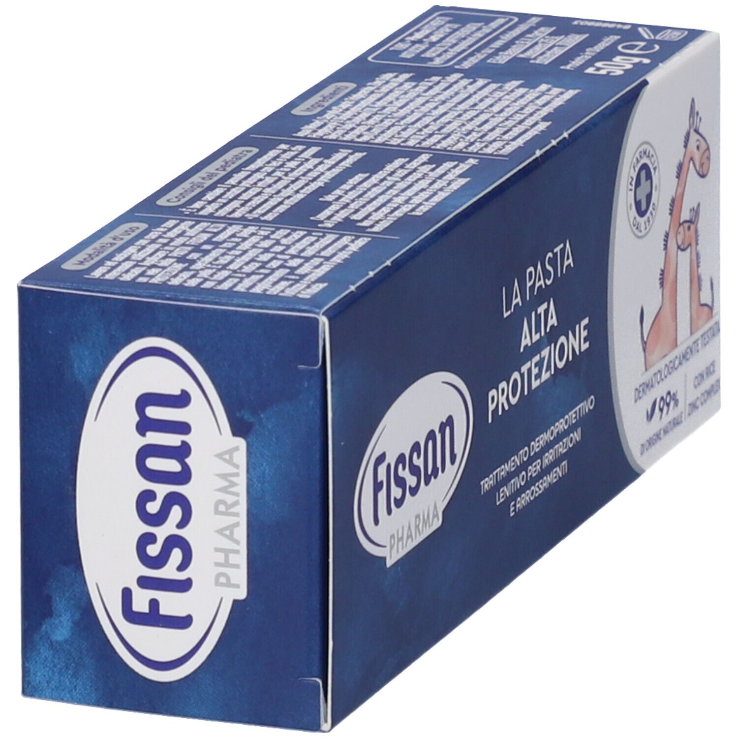 Scatola con logo e nome del prodotto. Testo in italiano. Illustrazione di due giraffe.