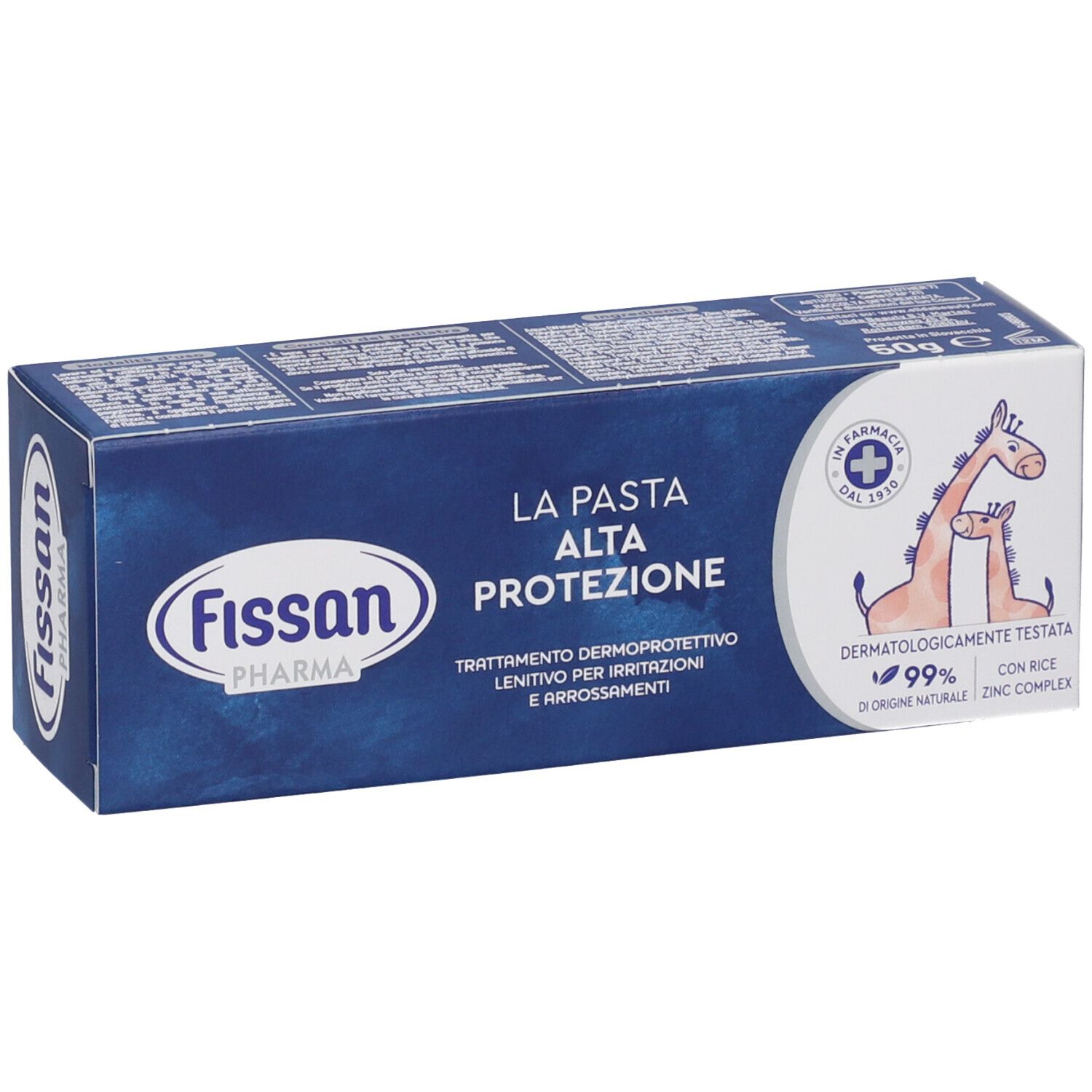 Scatola blu con logo e nome del prodotto. Testo in italiano. Illustrazione di due giraffe.