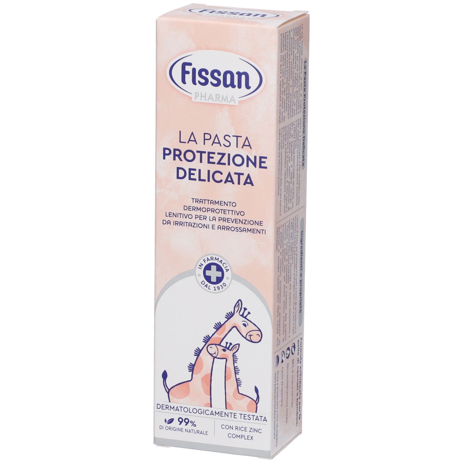 Confezione rosa verticale con nome e logo del prodotto. Testo in italiano. Illustrazione di giraffa.