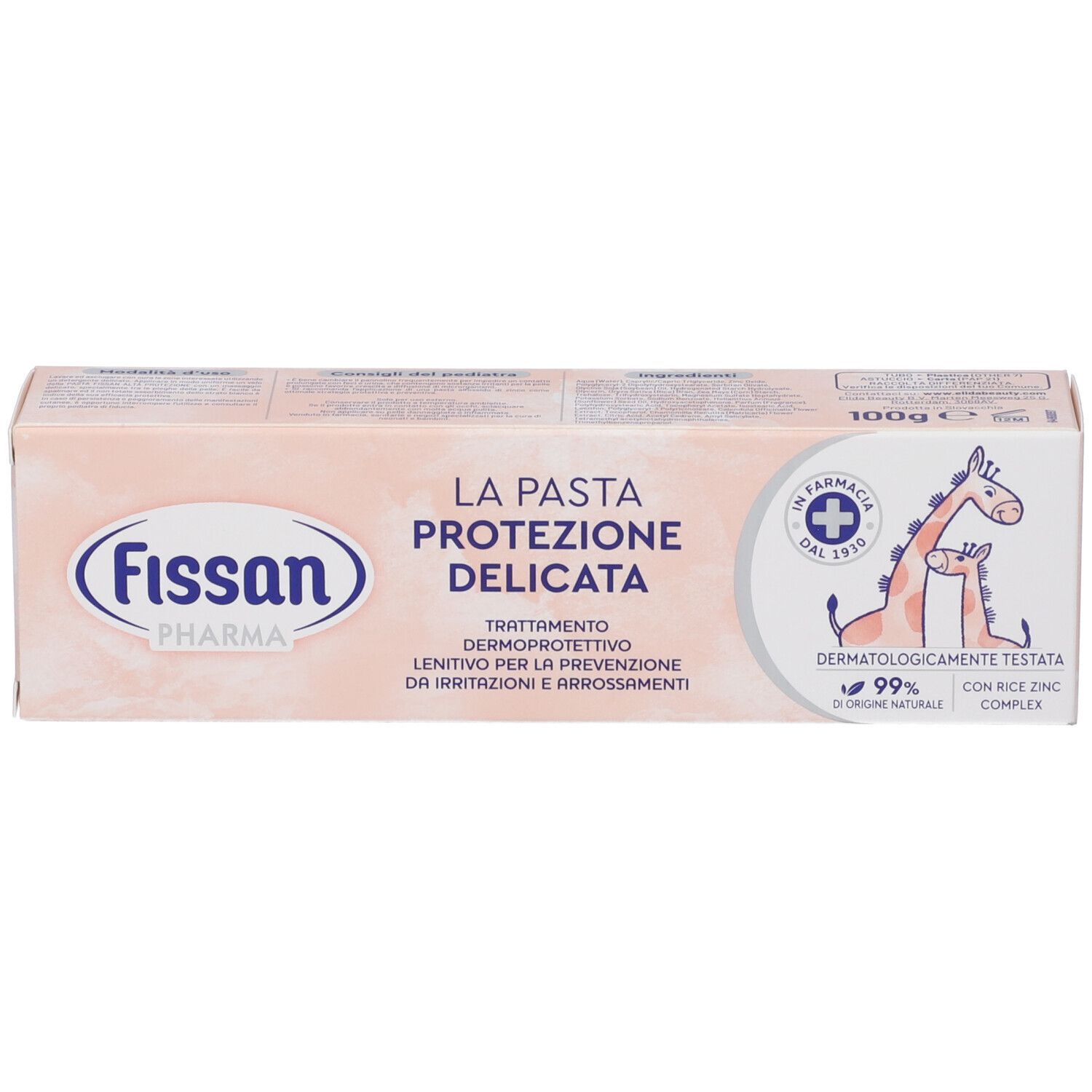 Confezione rosa con nome e logo del prodotto. Testo in italiano. Illustrazione di giraffa e logo farmacia.