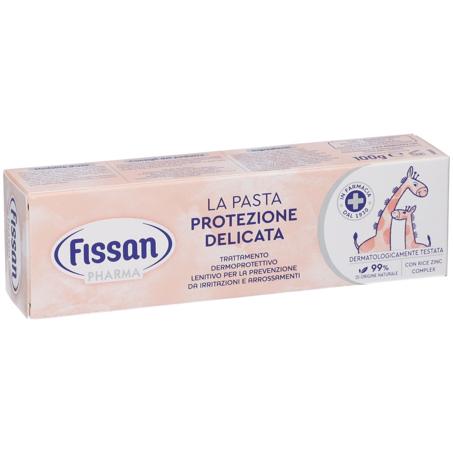 Confezione rosa con nome e logo del prodotto. Testo in italiano. Illustrazione di giraffa e logo farmacia.