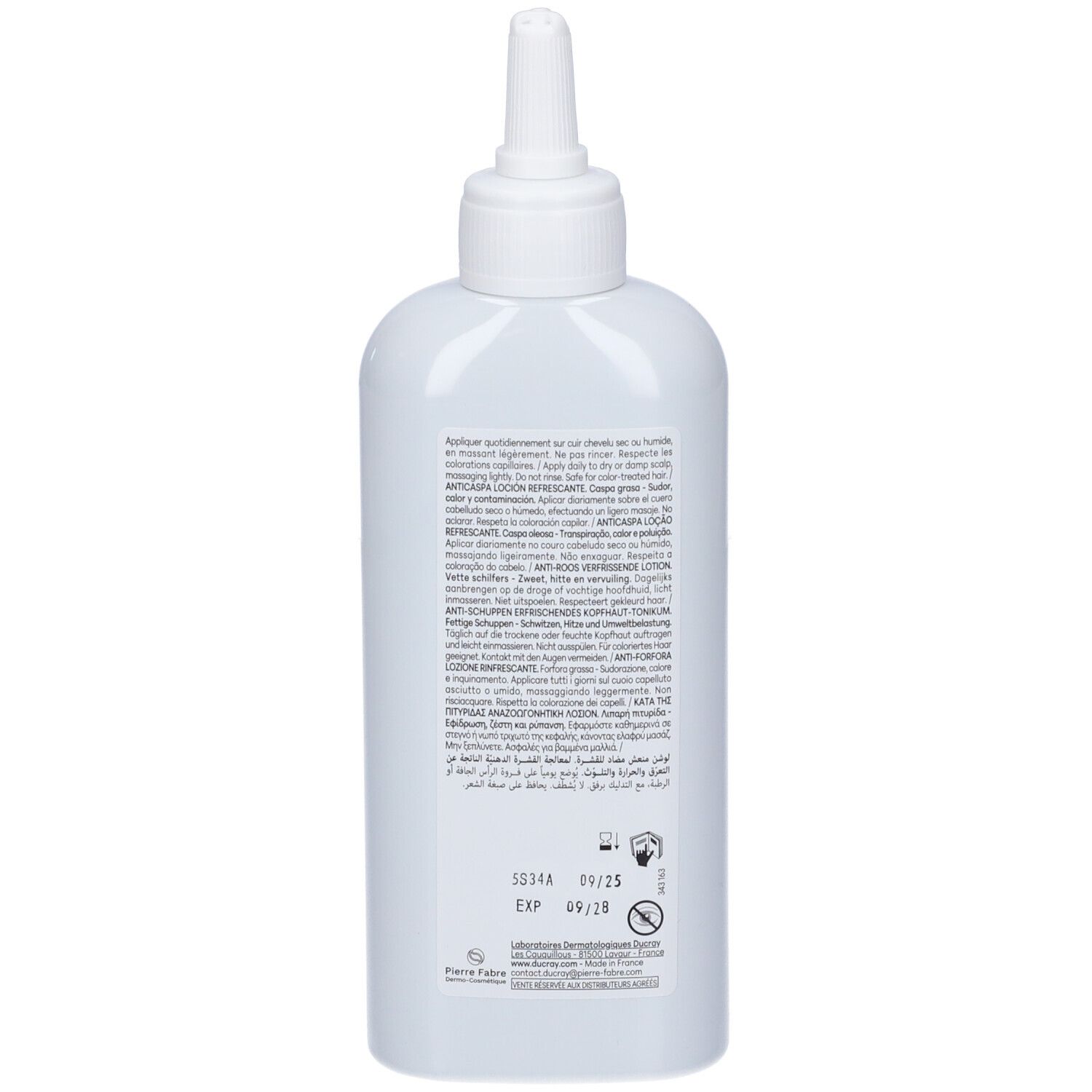 Retro del flacone bianco. Testo multilingue. Date di produzione e scadenza.