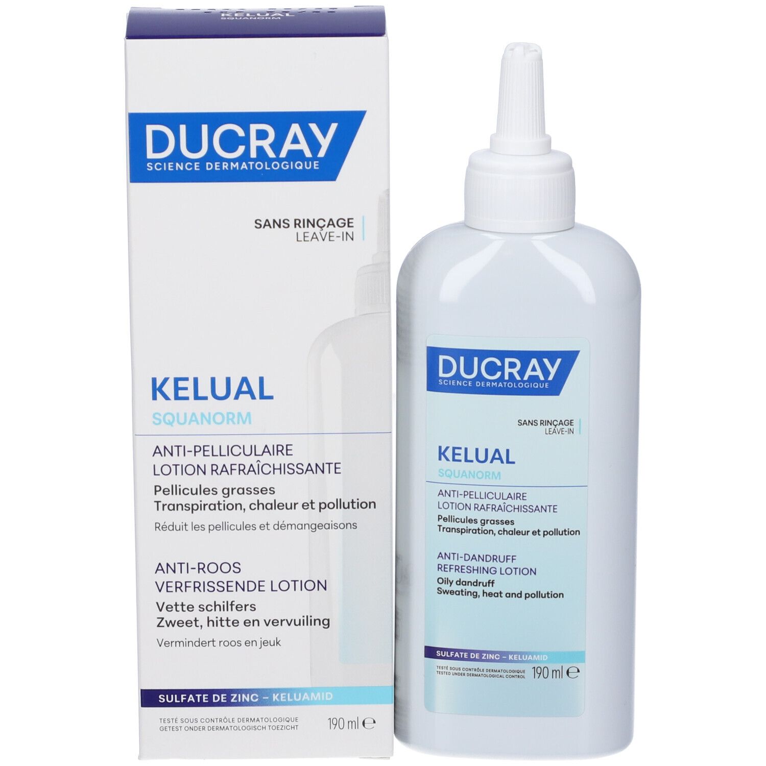 Confezione e flacone. Scritta: DUCRAY, KELUAL, Lozione antiforfora. 190 ml.